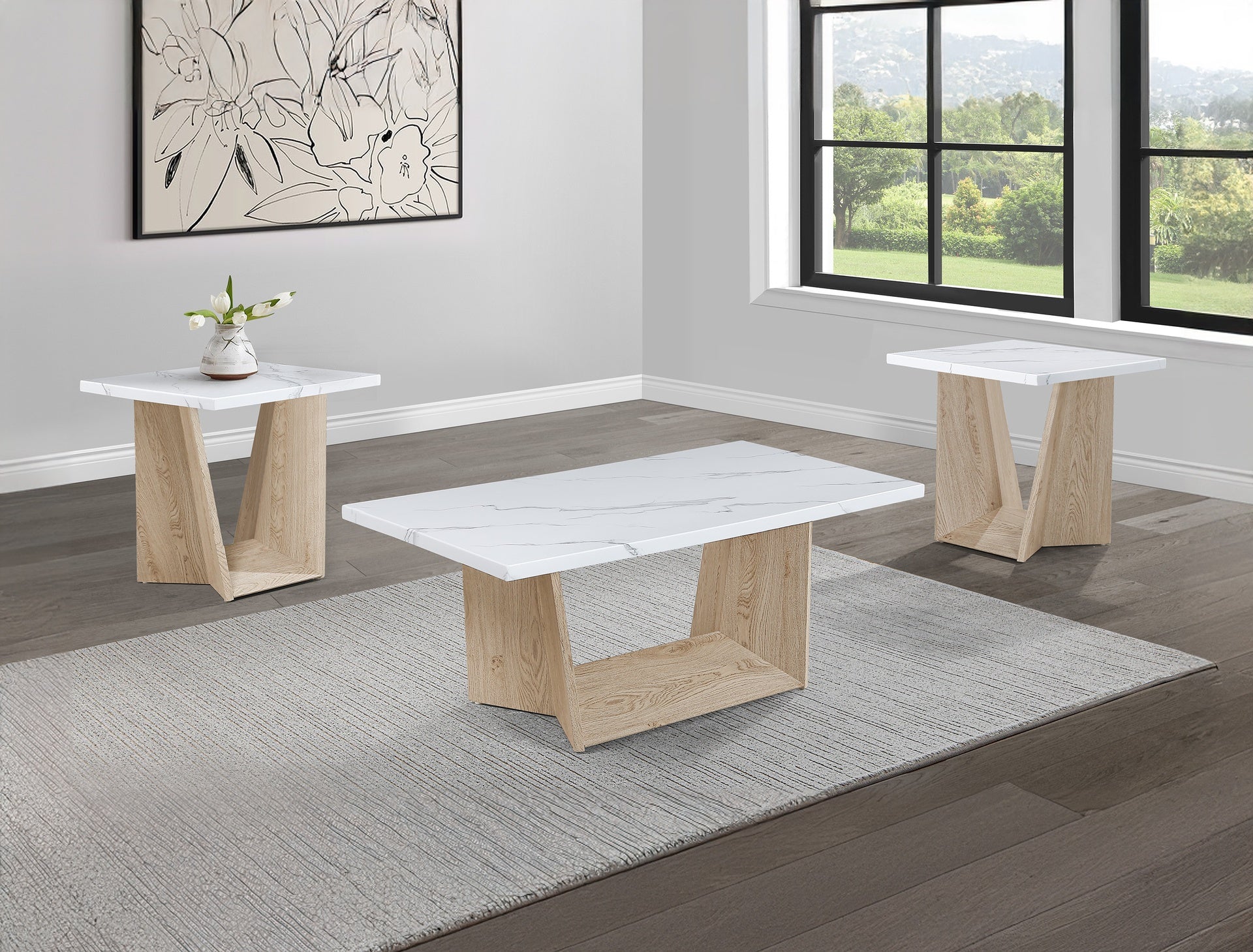 3pc Modern Cocktail Set Coffee Table End Table Luxurious White Faux Marble Top Angular White Oak Base Wooden Living Room Furniture
