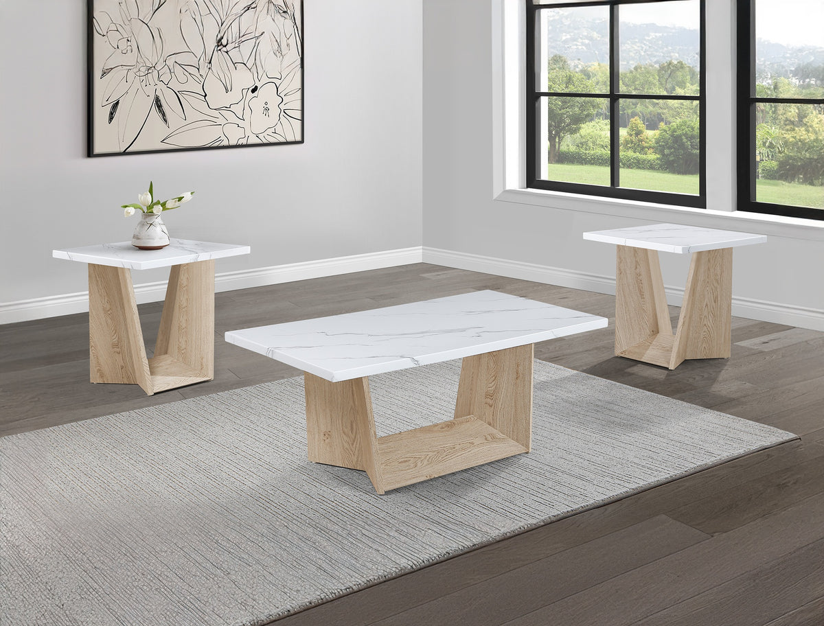 3pc Modern Cocktail Set Coffee Table End Table Luxurious White Faux Marble Top Angular White Oak Base Wooden Living Room Furniture