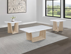 3pc Modern Cocktail Set Coffee Table End Table Luxurious White Faux Marble Top Angular White Oak Base Wooden Living Room Furniture