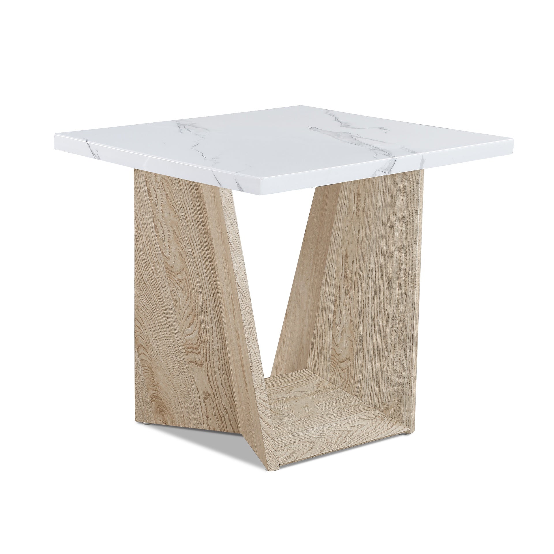 3pc Modern Cocktail Set Coffee Table End Table Luxurious White Faux Marble Top Angular White Oak Base Wooden Living Room Furniture