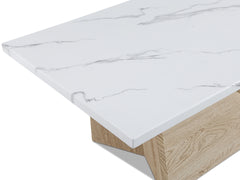 3pc Modern Cocktail Set Coffee Table End Table Luxurious White Faux Marble Top Angular White Oak Base Wooden Living Room Furniture