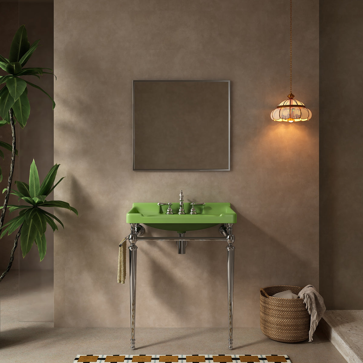 VICI 28" Bathroom Console Sink, Wall-Mounted Green Ceramic Vanity Basin with 3 Pre-drilled Faucet Holes, Freestanding Stainless Steel Support Legs with Towel Bar, No Faucet & Sink Cover, Chrome Color