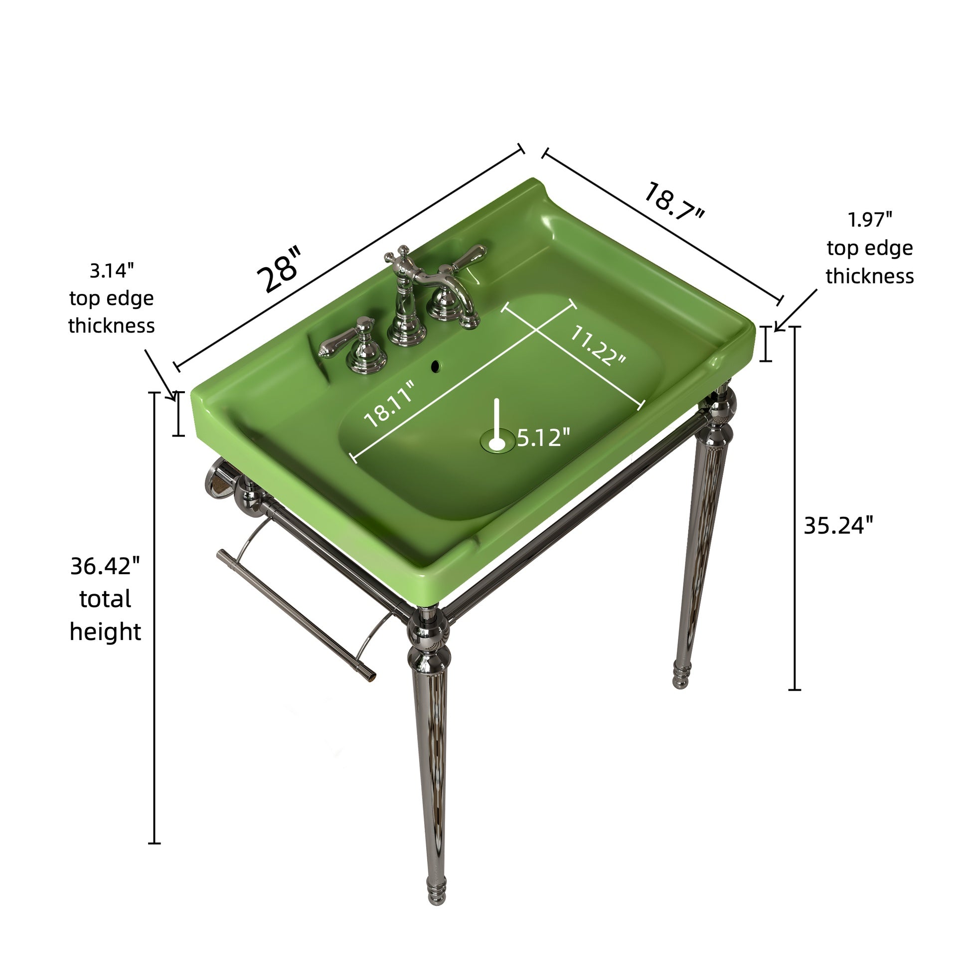 VICI 28" Bathroom Console Sink, Wall-Mounted Green Ceramic Vanity Basin with 3 Pre-drilled Faucet Holes, Freestanding Stainless Steel Support Legs with Towel Bar, No Faucet & Sink Cover, Chrome Color