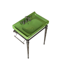 VICI 28" Bathroom Console Sink, Wall-Mounted Green Ceramic Vanity Basin with 3 Pre-drilled Faucet Holes, Freestanding Stainless Steel Support Legs with Towel Bar, No Faucet & Sink Cover, Chrome Color