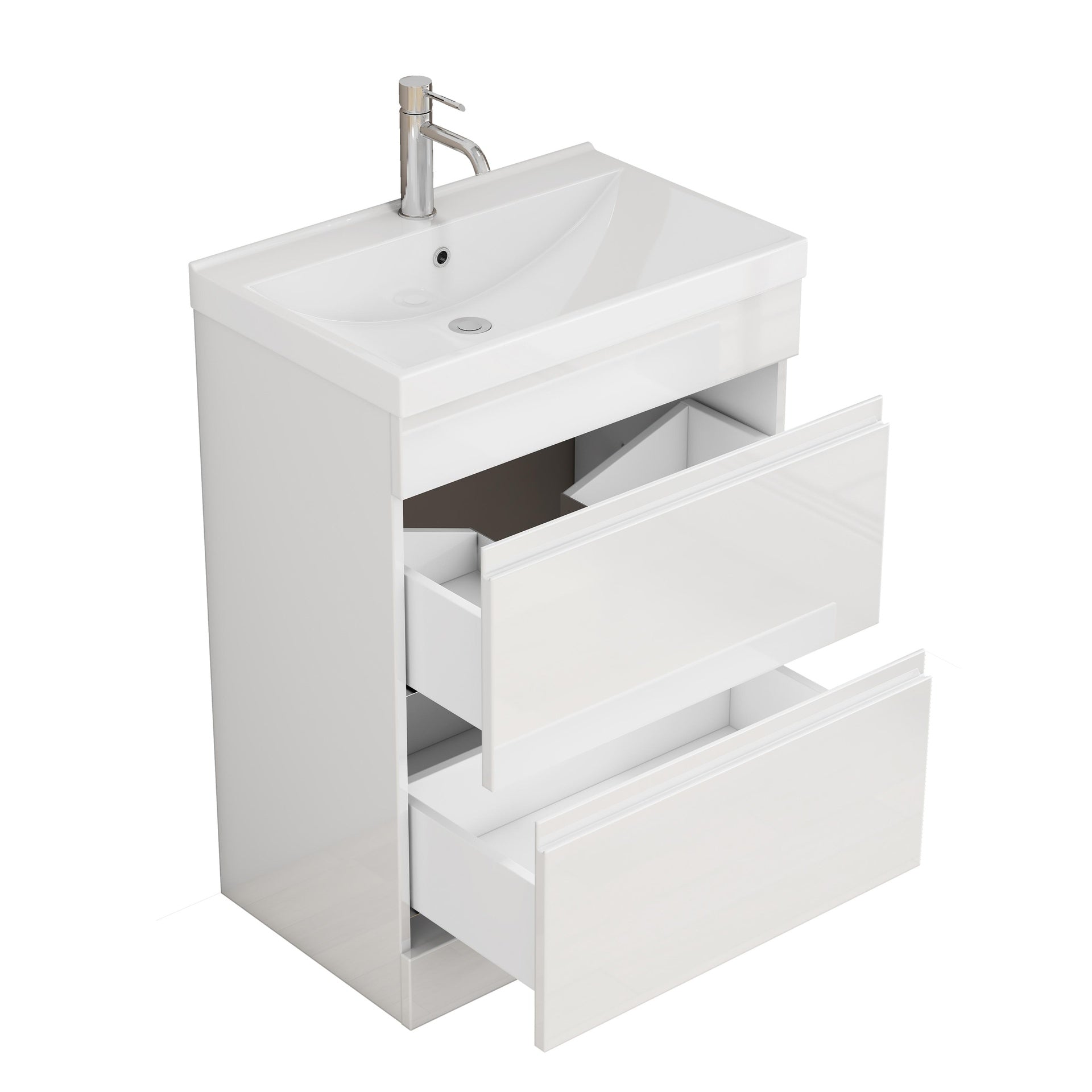 24-inch Bathroom Vanity With Sink Combo, 2 drawers Bathroom Cabinet,Quickly Assemble Free Standing Bathroom Cabinet, Soft-Close System,Unique Thick-Edged Ceramic Basin,Handle free design,Glossy White