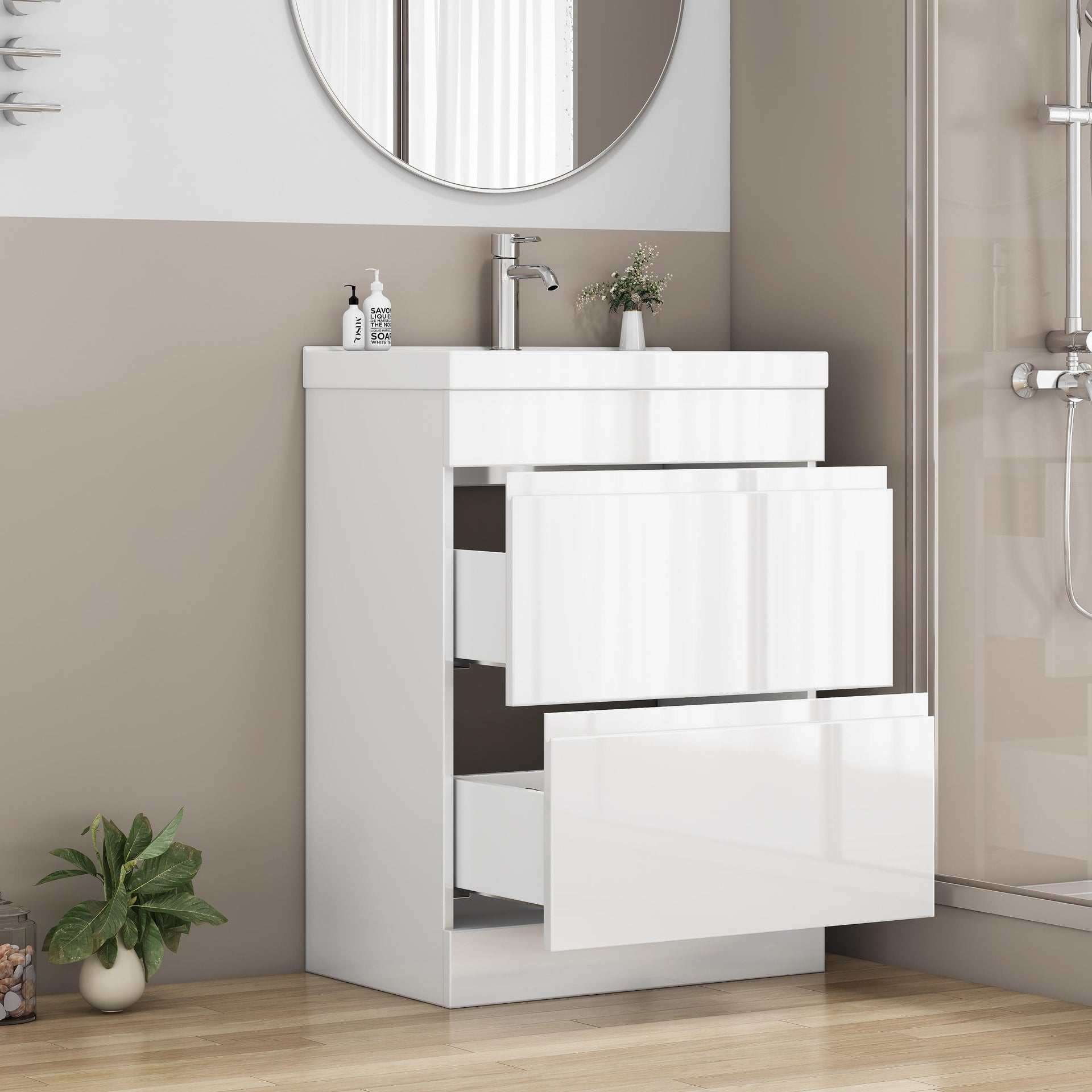 24-inch Bathroom Vanity With Sink Combo, 2 drawers Bathroom Cabinet,Quickly Assemble Free Standing Bathroom Cabinet, Soft-Close System,Unique Thick-Edged Ceramic Basin,Handle free design,Glossy White