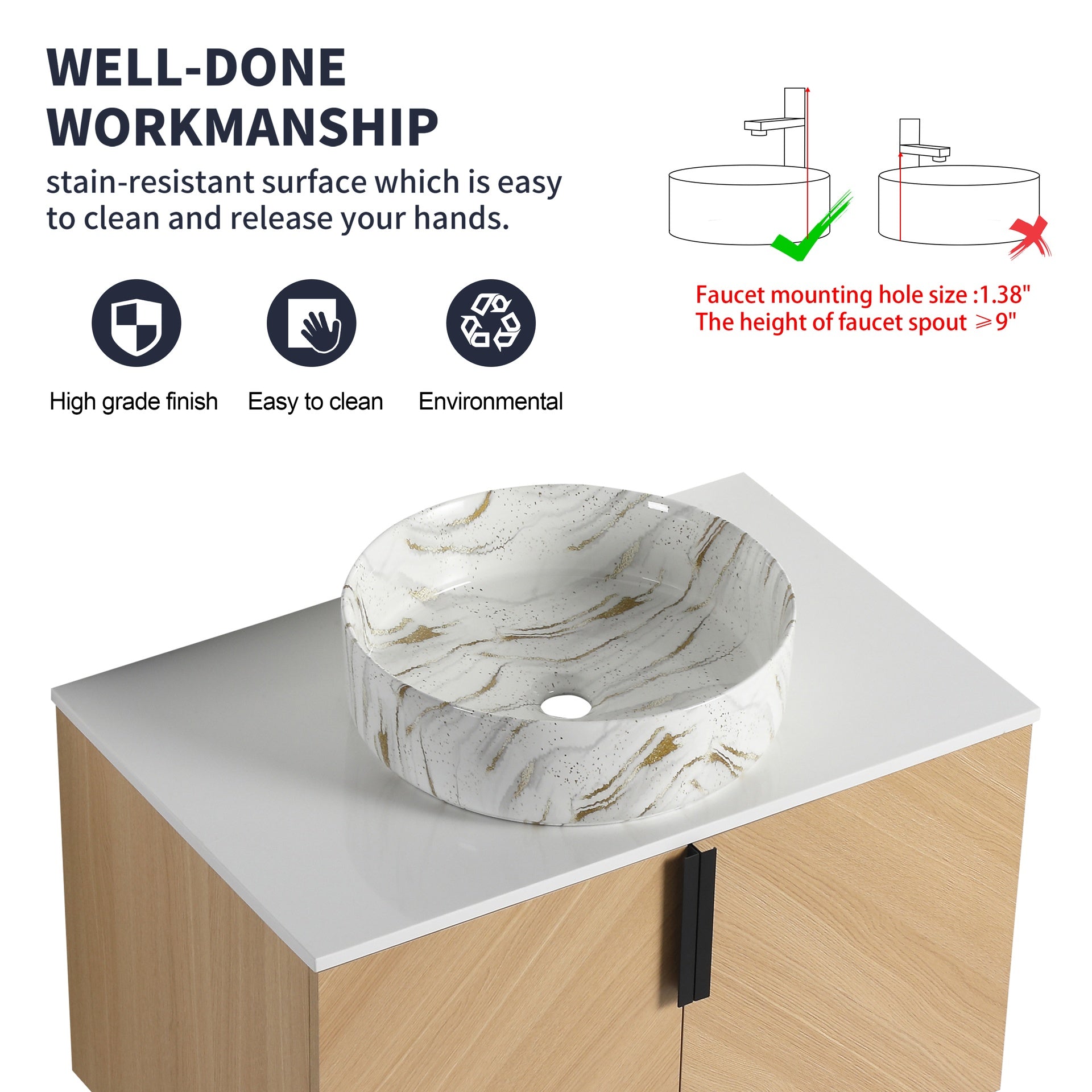 30" Bathroom Vanity With Top Ceramic Art Sink and Artificial Stone Slab, 2-Soft Close Door, Wall-Mounted Mounting Design, Plywood (KD-Packing)