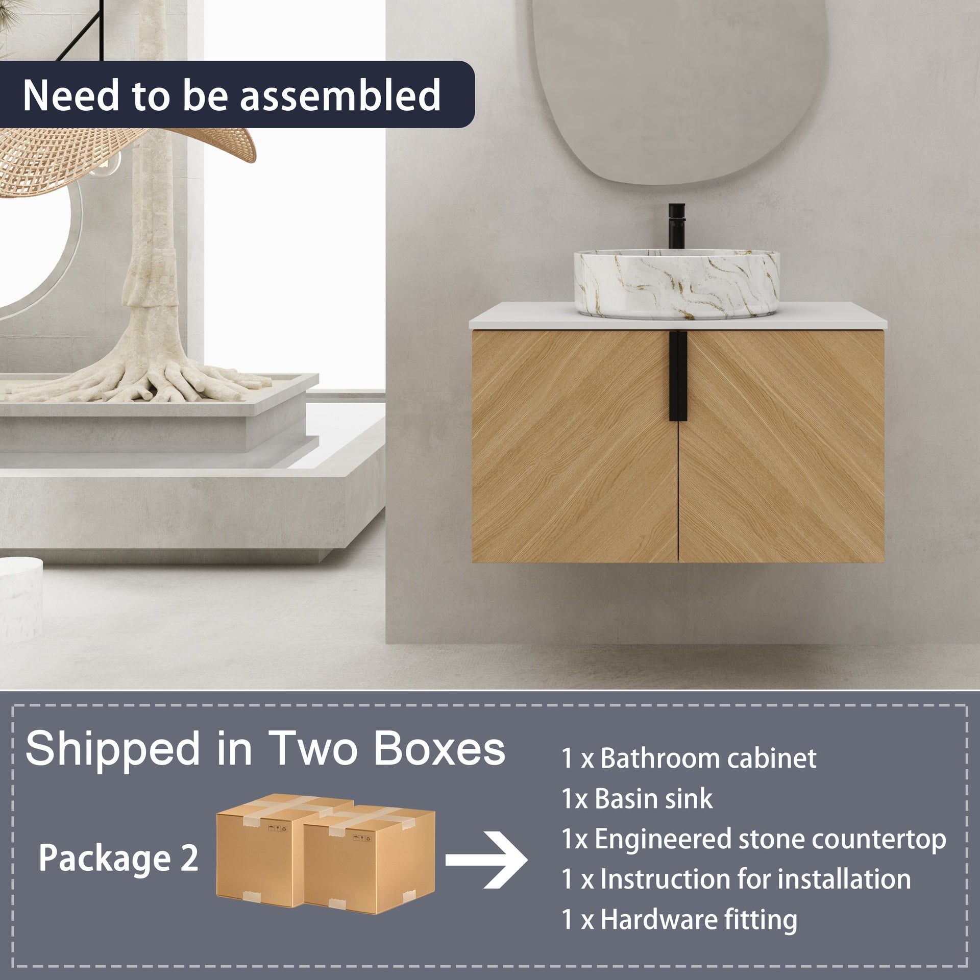 30" Bathroom Vanity With Top Ceramic Art Sink and Artificial Stone Slab, 2-Soft Close Door, Wall-Mounted Mounting Design, Plywood (KD-Packing)