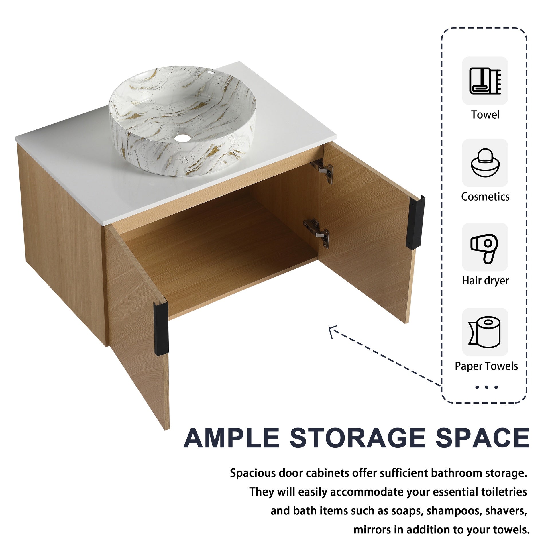 30" Bathroom Vanity With Top Ceramic Art Sink and Artificial Stone Slab, 2-Soft Close Door, Wall-Mounted Mounting Design, Plywood (KD-Packing)