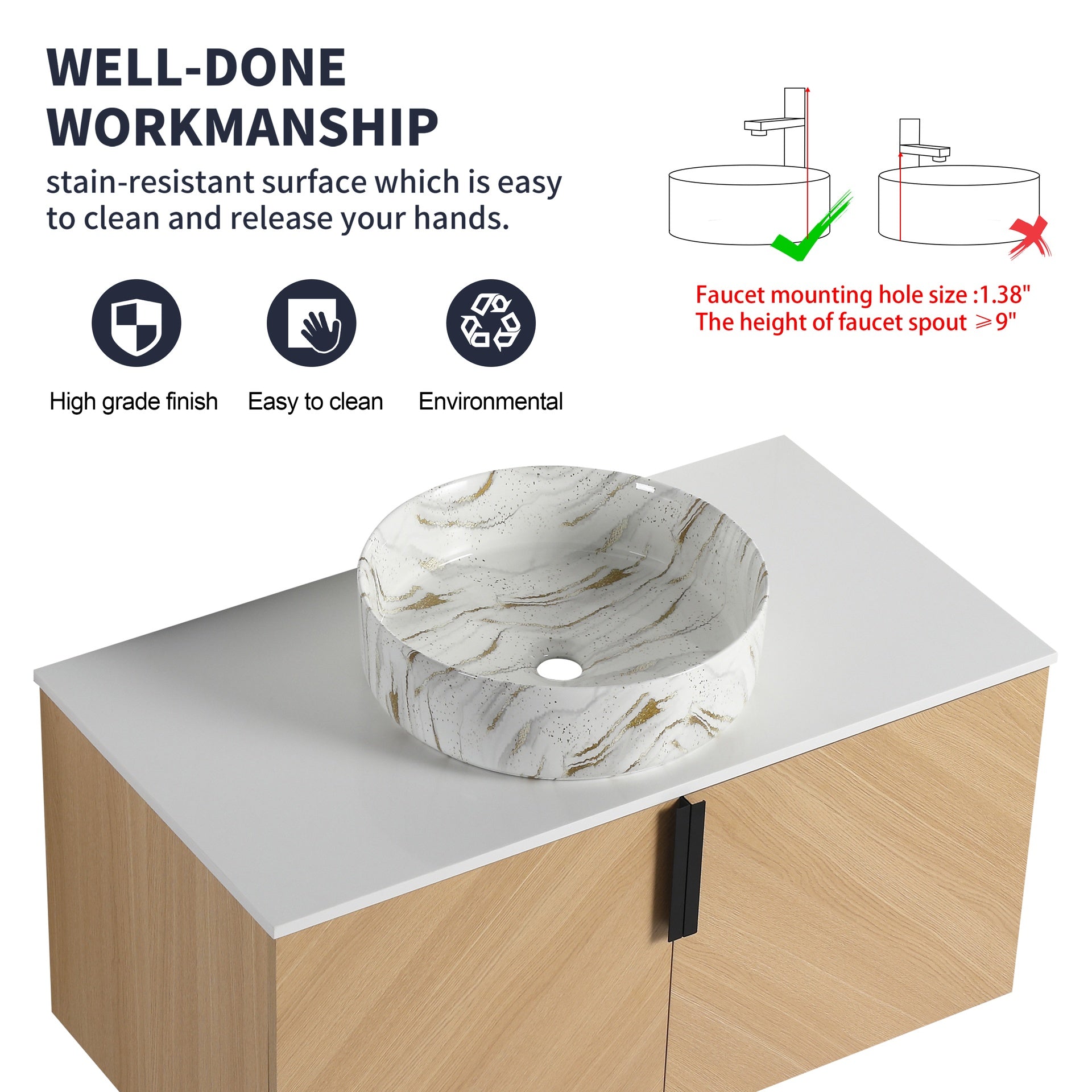 36" Bathroom Vanity With Top Ceramic Art Sink and Artificial Stone Slab, 2-Soft Close Door, Wall-Mounted Mounting Design, Plywood (KD-Packing)