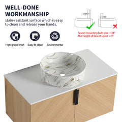 36" Bathroom Vanity With Top Ceramic Art Sink and Artificial Stone Slab, 2-Soft Close Door, Wall-Mounted Mounting Design, Plywood (KD-Packing)