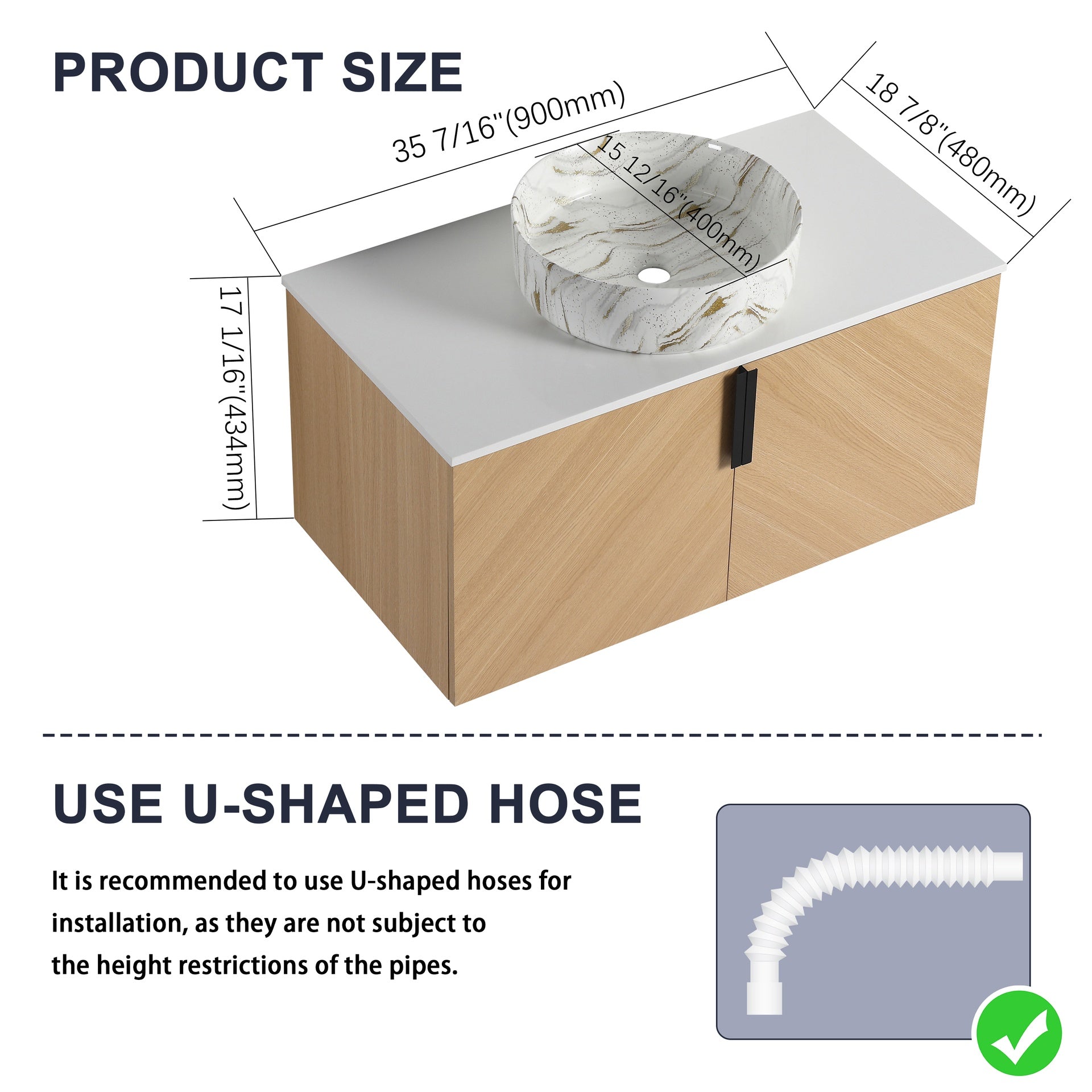 36" Bathroom Vanity With Top Ceramic Art Sink and Artificial Stone Slab, 2-Soft Close Door, Wall-Mounted Mounting Design, Plywood (KD-Packing)