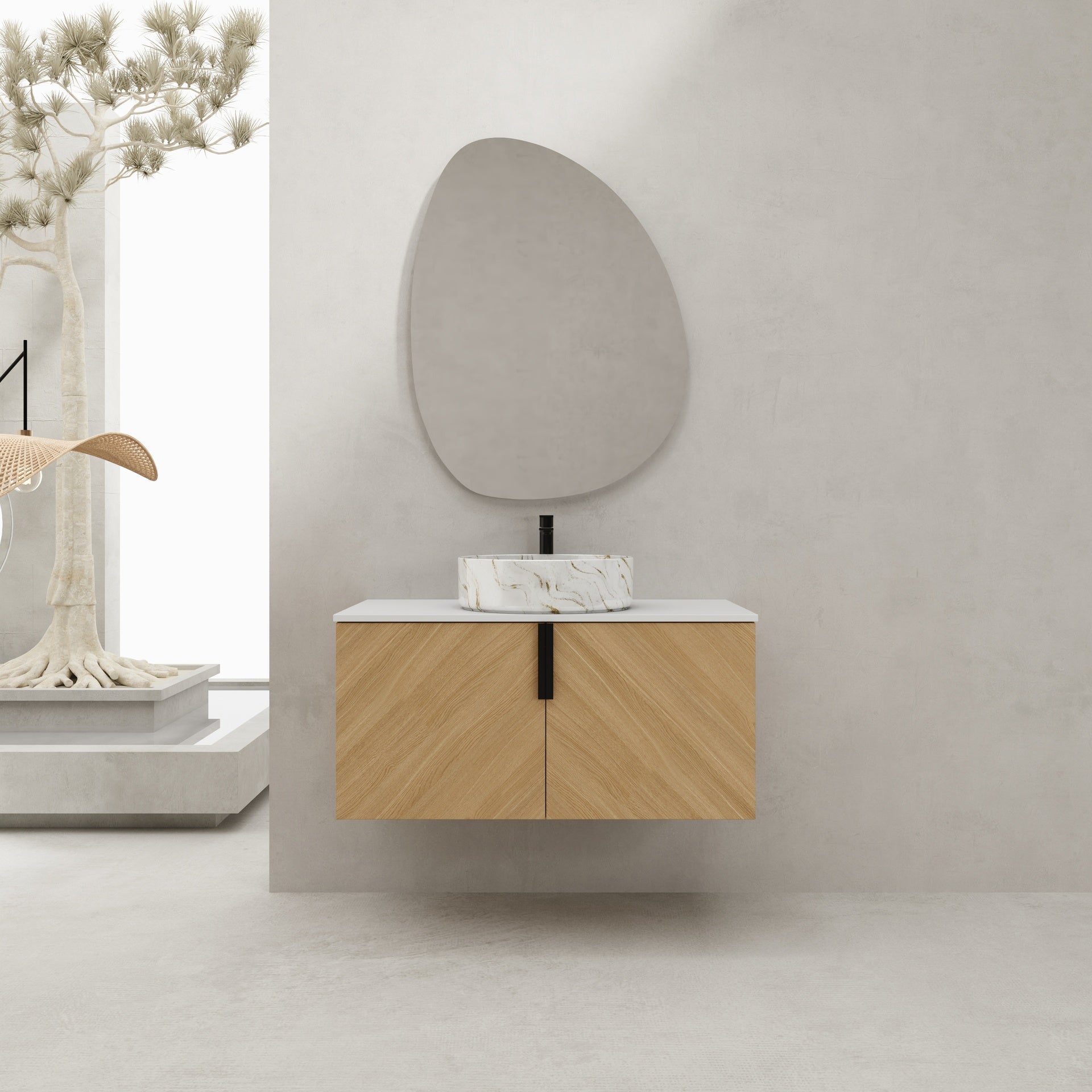 36" Bathroom Vanity With Top Ceramic Art Sink and Artificial Stone Slab, 2-Soft Close Door, Wall-Mounted Mounting Design, Plywood (KD-Packing)