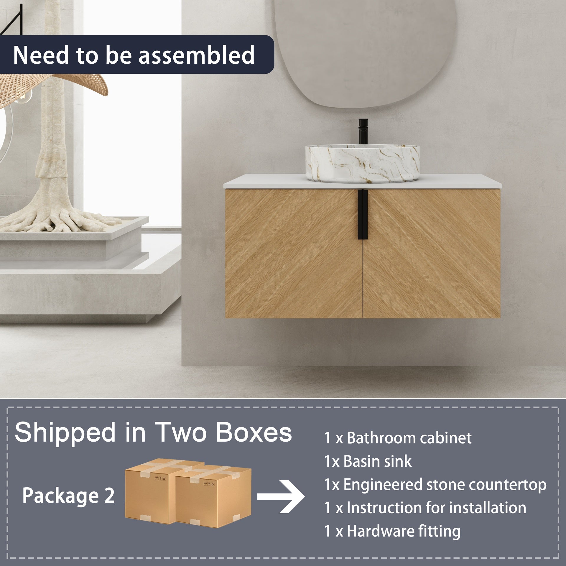 36" Bathroom Vanity With Top Ceramic Art Sink and Artificial Stone Slab, 2-Soft Close Door, Wall-Mounted Mounting Design, Plywood (KD-Packing)