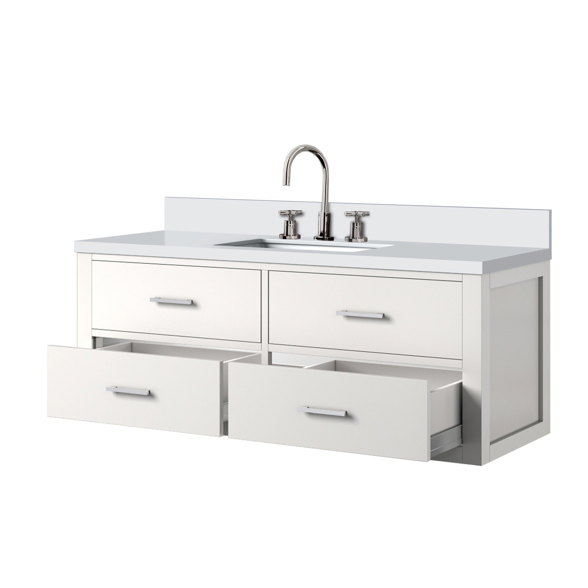 White Single Bath Vanity 48 in. W x 22 in. D, White Quartz Top, and Faucet Set