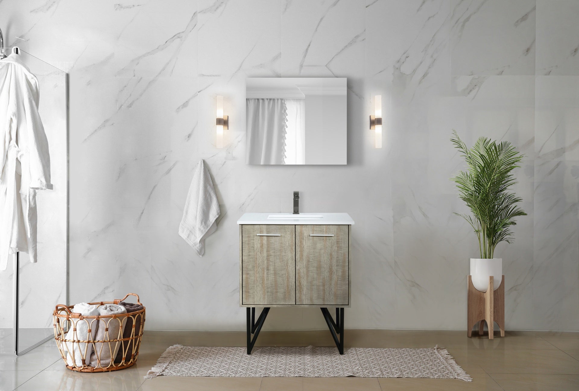 Rustic Acacia Bath Vanity 30 in. W x 20 in. D, White Quartz Top and Gun Metal Faucet Set