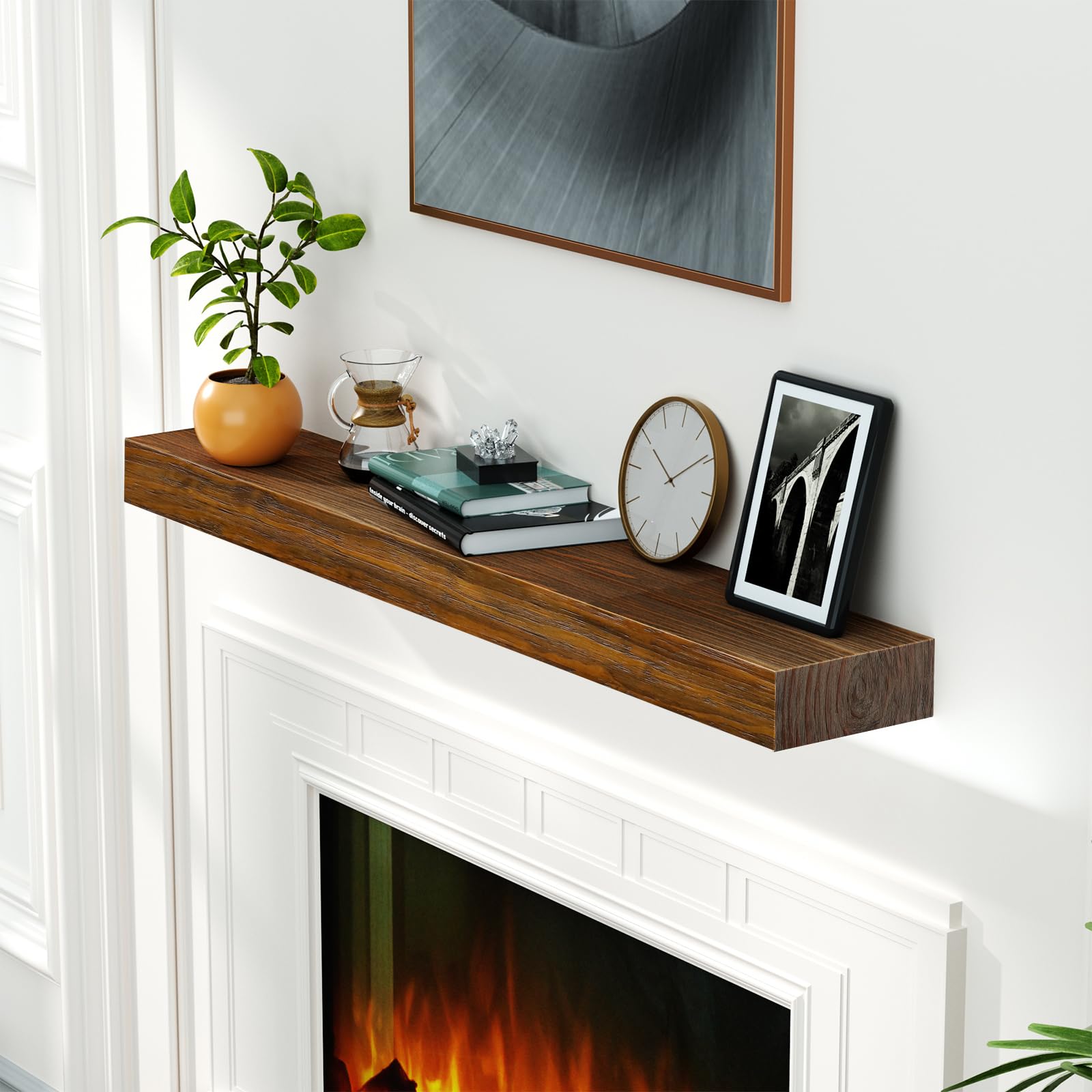 Fireplace Mantel, Wood Floating Fireplace Shelves,Wall Mounted Wooden Display Shelving,Handcrafted Wood Brack,Natural Mantels Over Fireplace,48" x 8" x 3"-Dark Chocolate