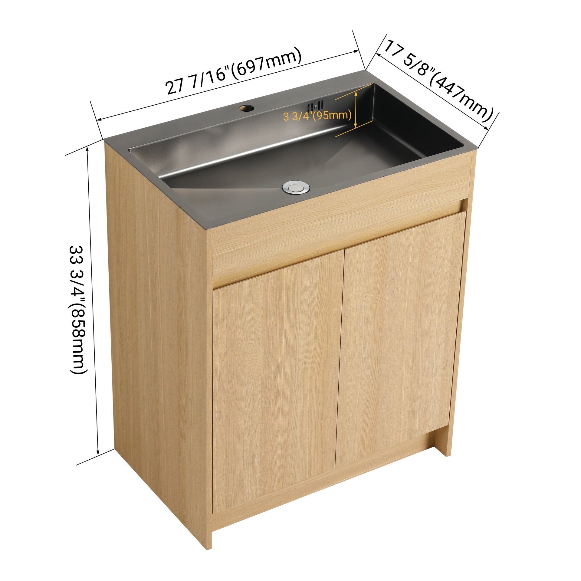 28" Freestanding Bathroom Vanity / Laundry Utility Cabinet, w/ Stainless Steel Sink and Flexible Drain Pipe, 2-Soft Close Door, Oak, Plywood, KD-Packing