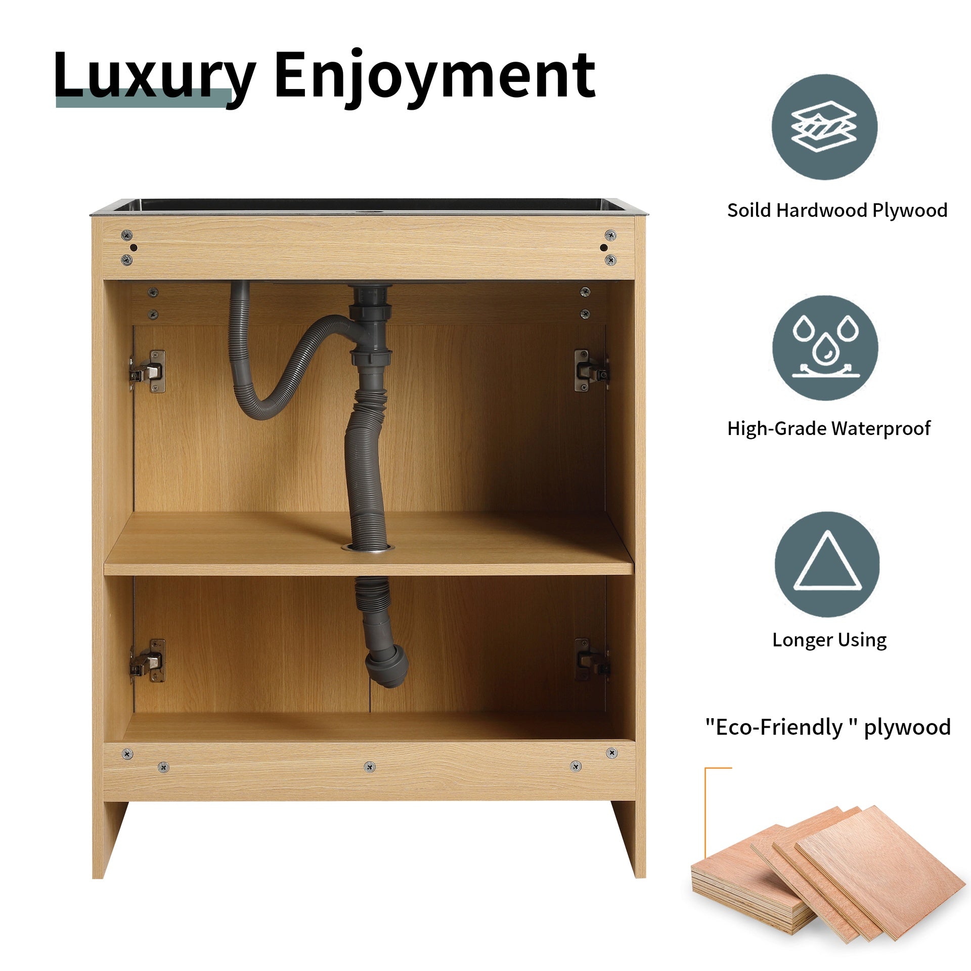 28" Freestanding Bathroom Vanity / Laundry Utility Cabinet, w/ Stainless Steel Sink and Flexible Drain Pipe, 2-Soft Close Door, Oak, Plywood, KD-Packing