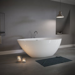 59" Freestanding Solid Surface Bathtub, Stone Resin Freestanding Soaking Bathtub with Overflow and Pop-up Drain, Glossy White TH-25S02-59GW