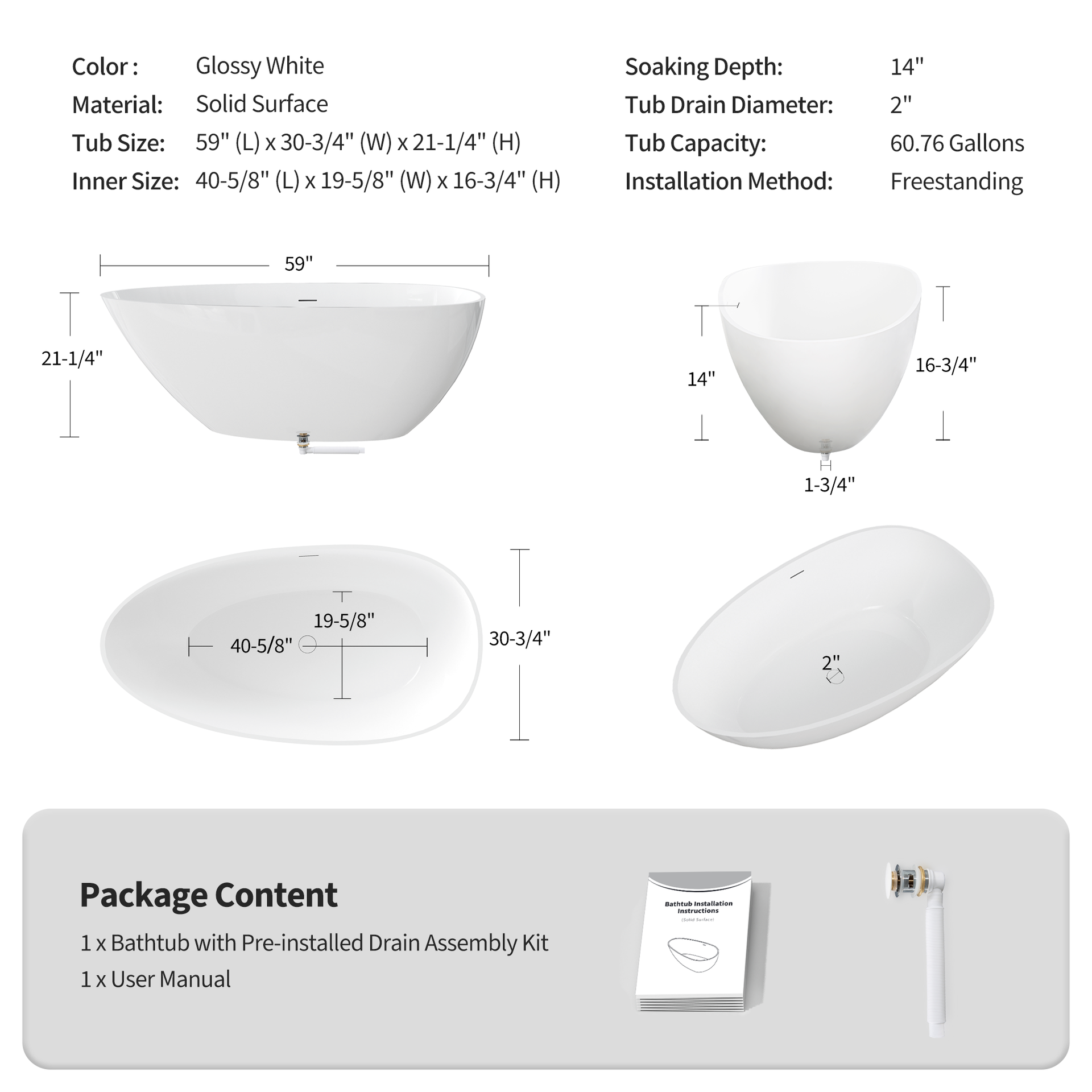 59" Freestanding Solid Surface Bathtub, Stone Resin Freestanding Soaking Bathtub with Overflow and Pop-up Drain, Glossy White TH-25S02-59GW