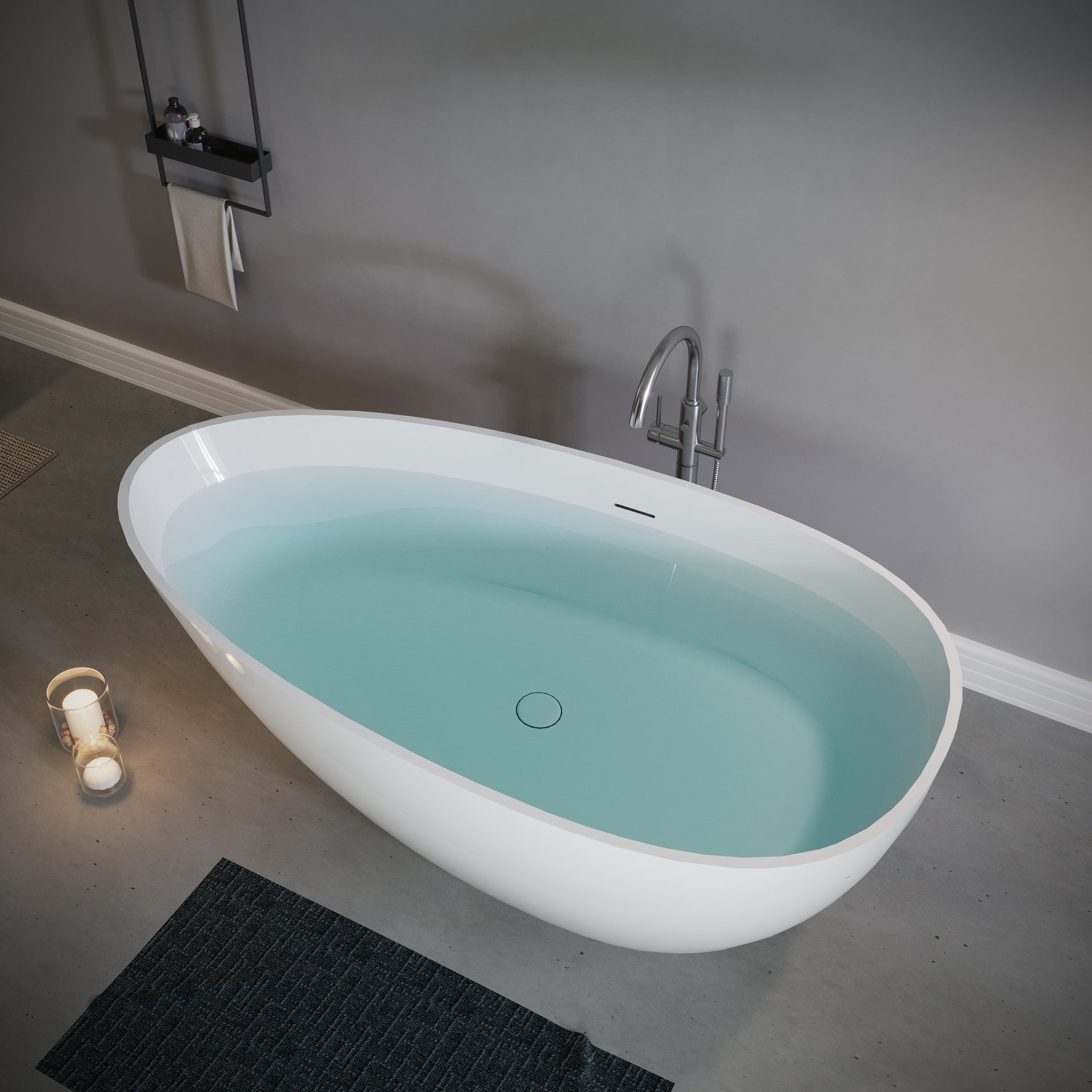 59" Freestanding Solid Surface Bathtub, Stone Resin Freestanding Soaking Bathtub with Overflow and Pop-up Drain, Glossy White TH-25S02-59GW