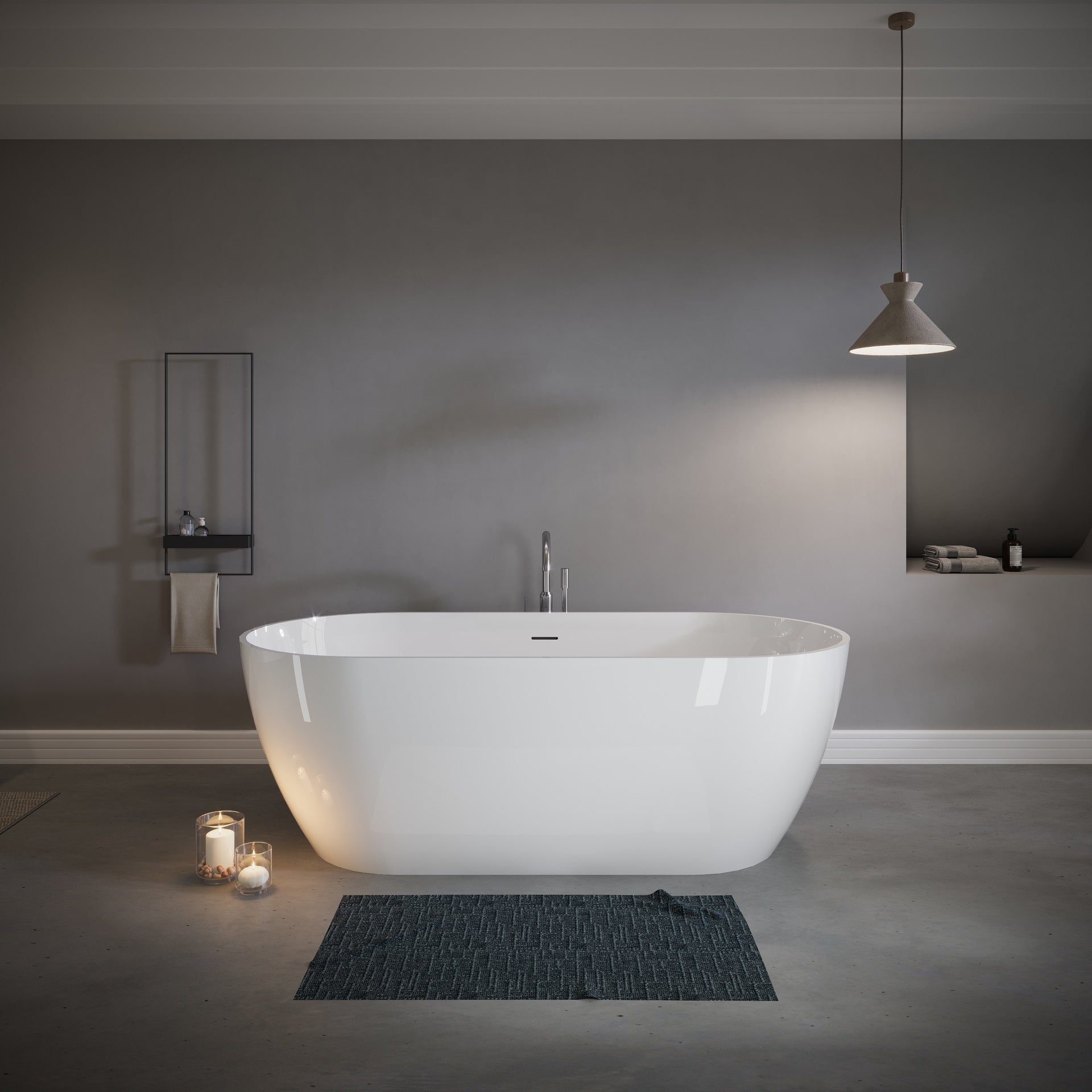 63" Freestanding Solid Surface Bathtub, Luxury Engineered Stone Resin Freestanding Soaking Bathtub with Overflow and Pop-up Drain for Contemporary Bathroom, Glossy White TH-25S03-63GW