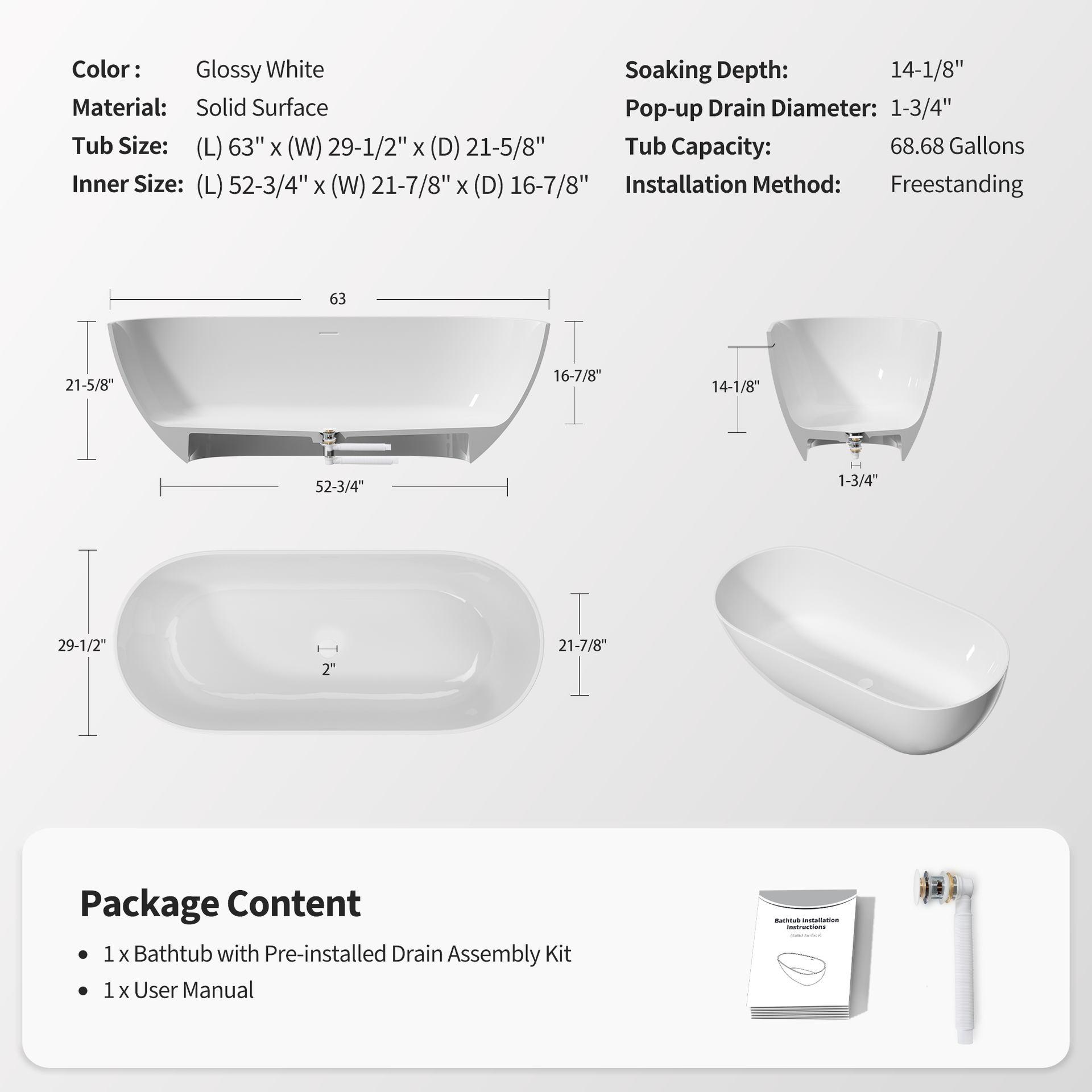 63" Freestanding Solid Surface Bathtub, Luxury Engineered Stone Resin Freestanding Soaking Bathtub with Overflow and Pop-up Drain for Contemporary Bathroom, Glossy White TH-25S03-63GW