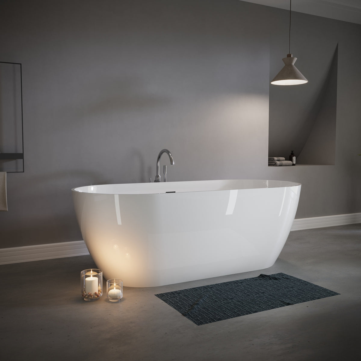 63" Freestanding Solid Surface Bathtub, Luxury Engineered Stone Resin Freestanding Soaking Bathtub with Overflow and Pop-up Drain for Contemporary Bathroom, Glossy White TH-25S03-63GW
