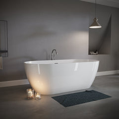 63" Freestanding Solid Surface Bathtub, Luxury Engineered Stone Resin Freestanding Soaking Bathtub with Overflow and Pop-up Drain for Contemporary Bathroom, Glossy White TH-25S03-63GW