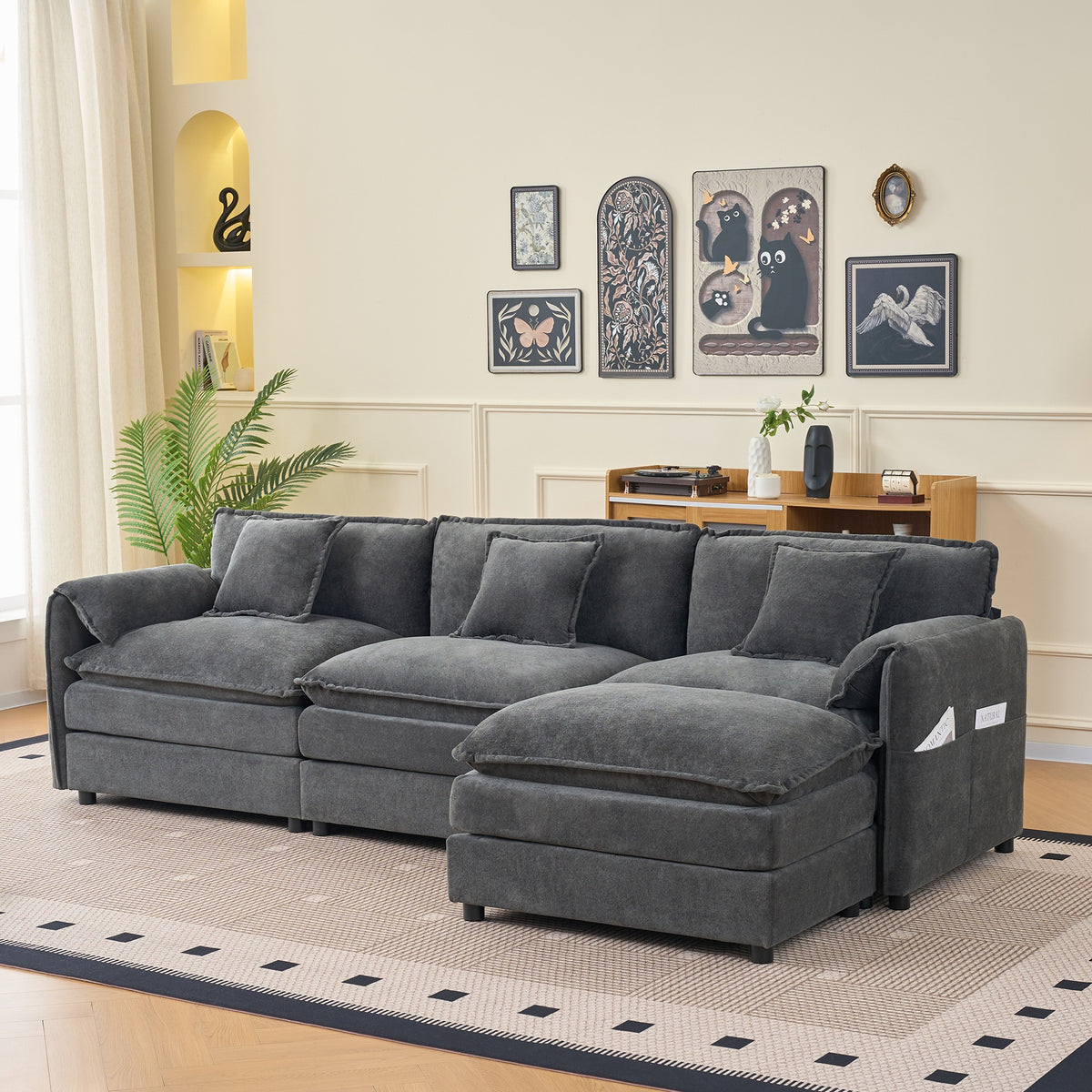 Modular Sectional Sofa, Oversized Deep Seat L Shaped Couch Set for Living Room, 3-Seater Comfy Cloud Couches with Movable Ottoman, DIY Combination, Chenille,Grey