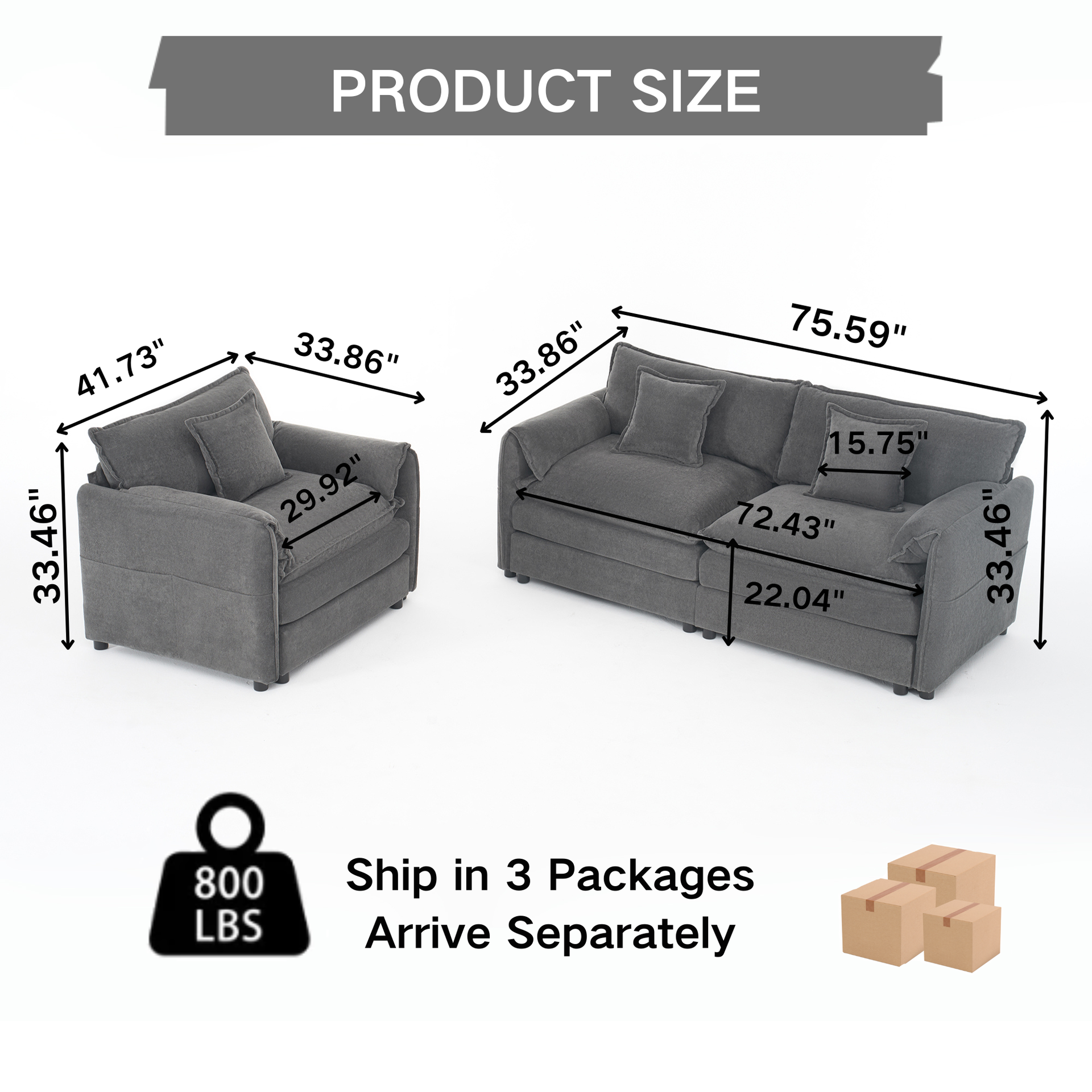 Deep Seat Luxury 2 Piece Loveseat Couch & Sofa Armchair Set, Modern Upholstered Chenille Cloud Couches Set Furniture with 3 Pillow for Living Room Bedroom Office Apartment,DIY Combination,Grey