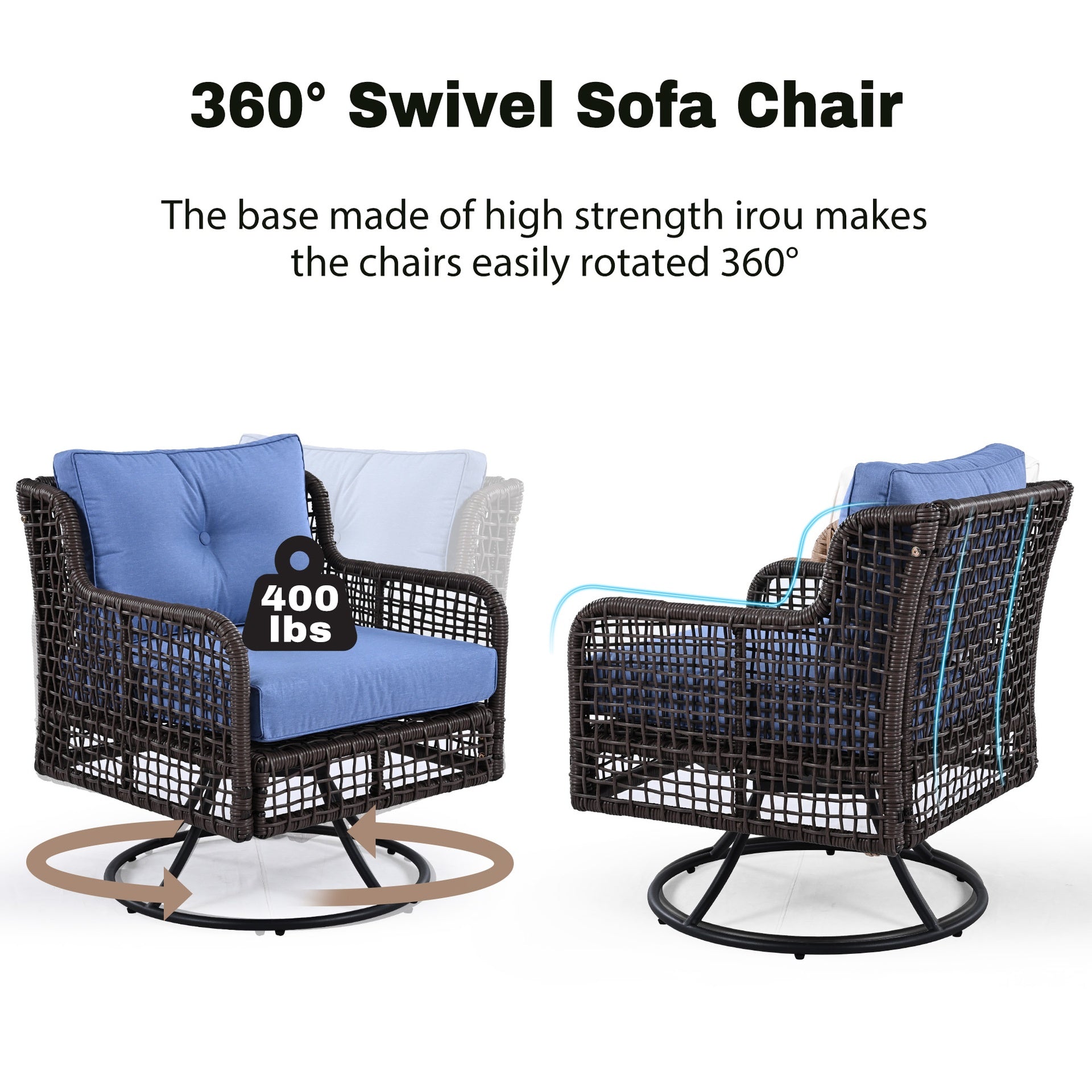 GO 4 Pieces Patio Furniture Set with Swivel Chairs, Outdoor Wicker Sofas for 5-person, Sectional Rattan Outdoor Conversation Set for Poolside Backyard Deck, Blue