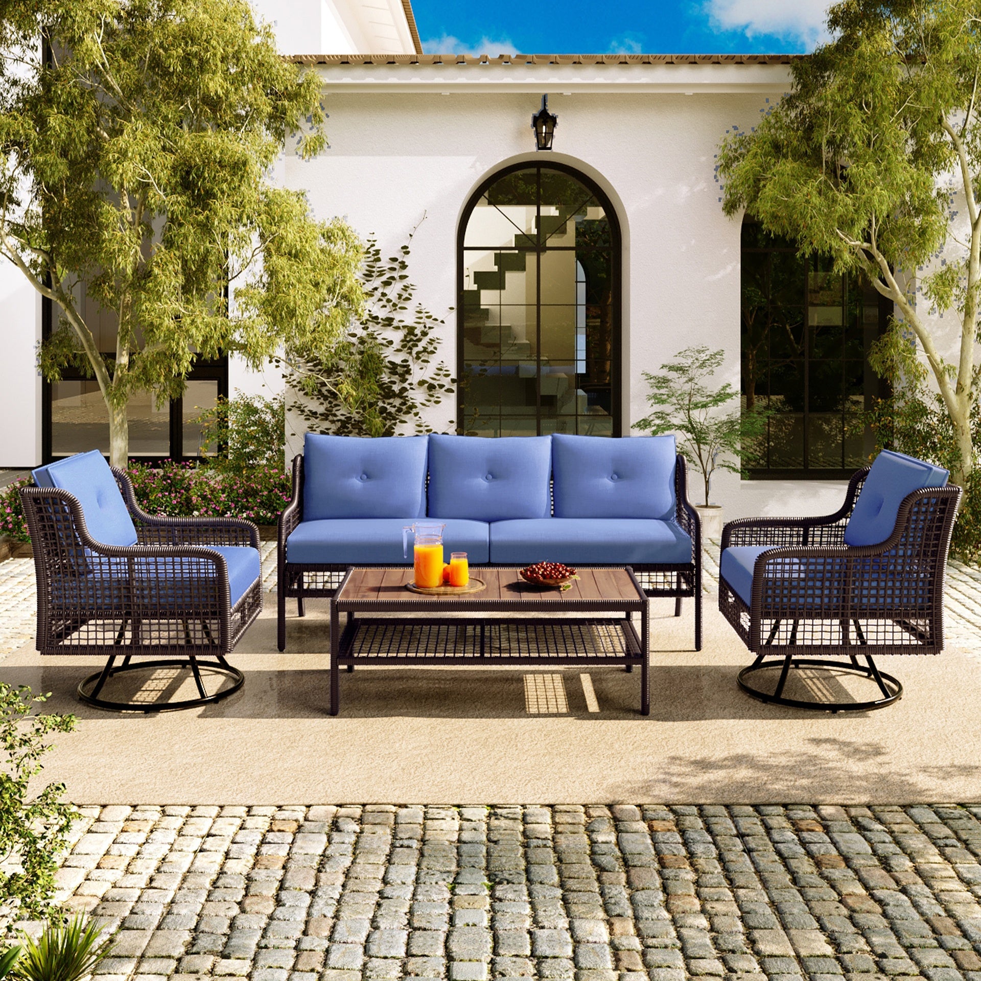 GO 4 Pieces Patio Furniture Set with Swivel Chairs, Outdoor Wicker Sofas for 5-person, Sectional Rattan Outdoor Conversation Set for Poolside Backyard Deck, Blue