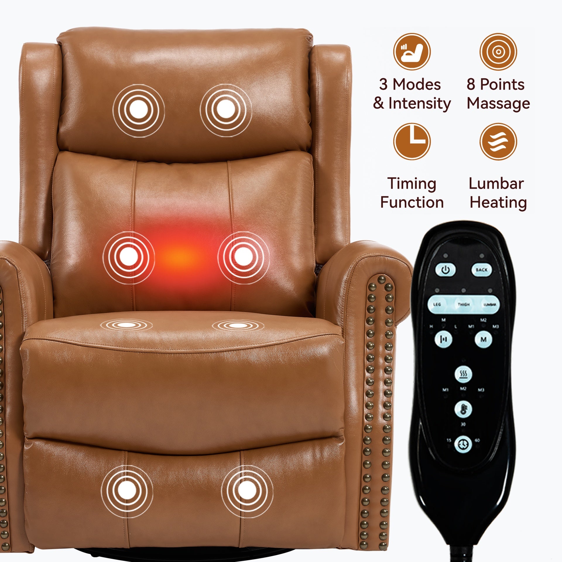 Heat Massage Manual Recliner Chair with Rocker and Swivel in Genuine leather for Living Room, Yellow