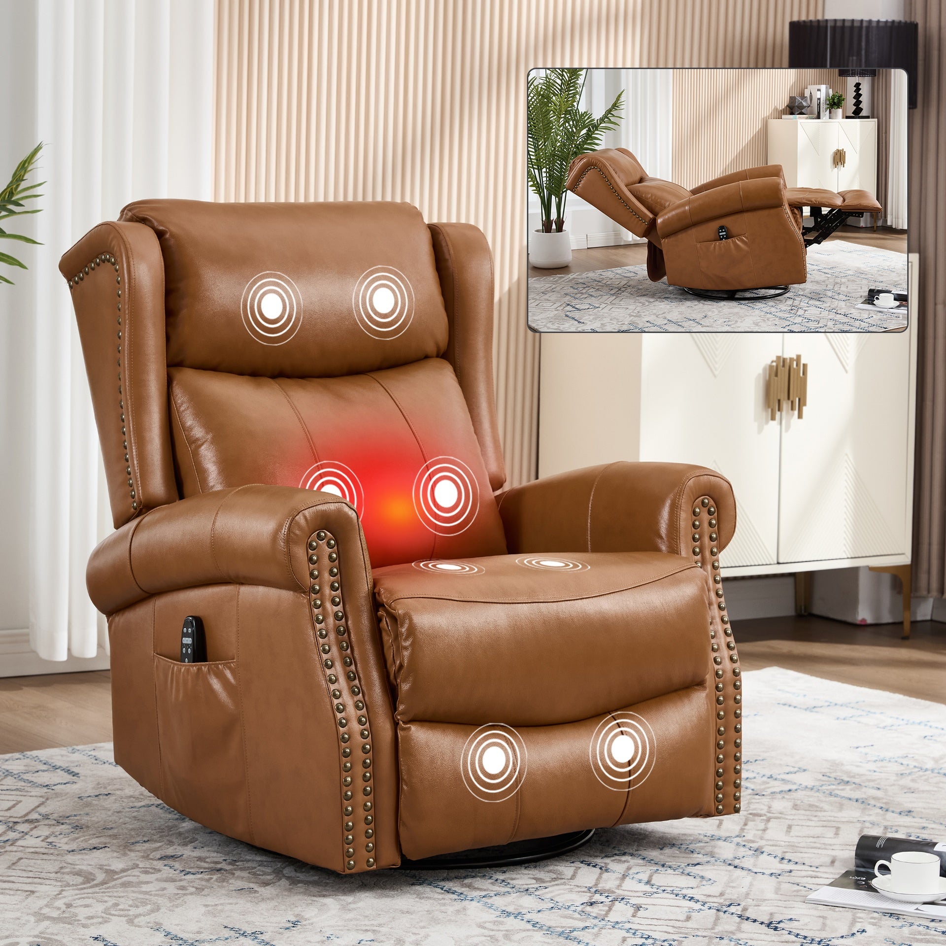 Heat Massage Manual Recliner Chair with Rocker and Swivel in Genuine leather for Living Room, Yellow