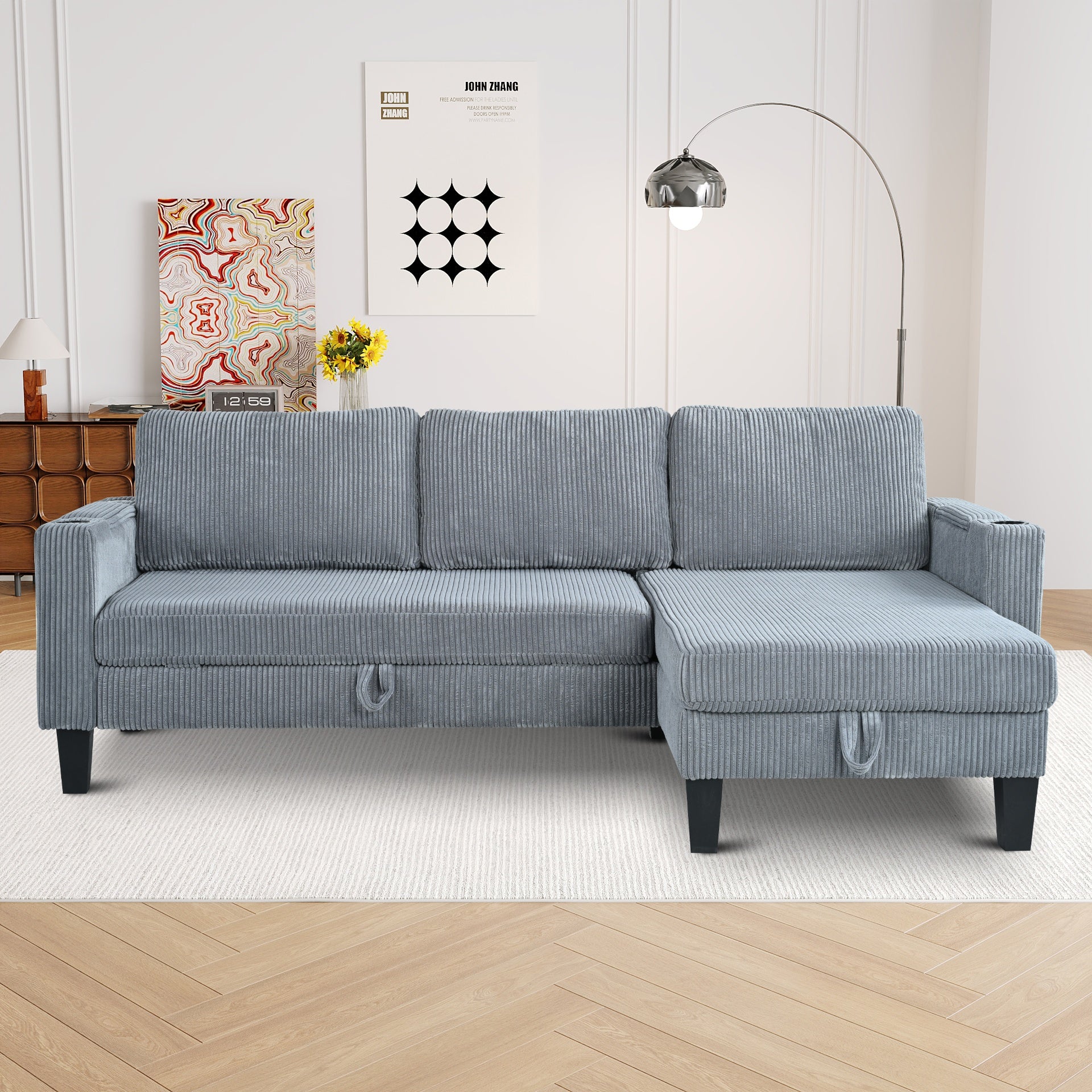 Reversible Sectional Sofa with Storage Chaise, Arm With Cup Holder,Storage and USB Ports , Modern Corduroy fabric Sleeper Sofa L-Shaped Couch for Living Room, Bedroom, Apartment,Office