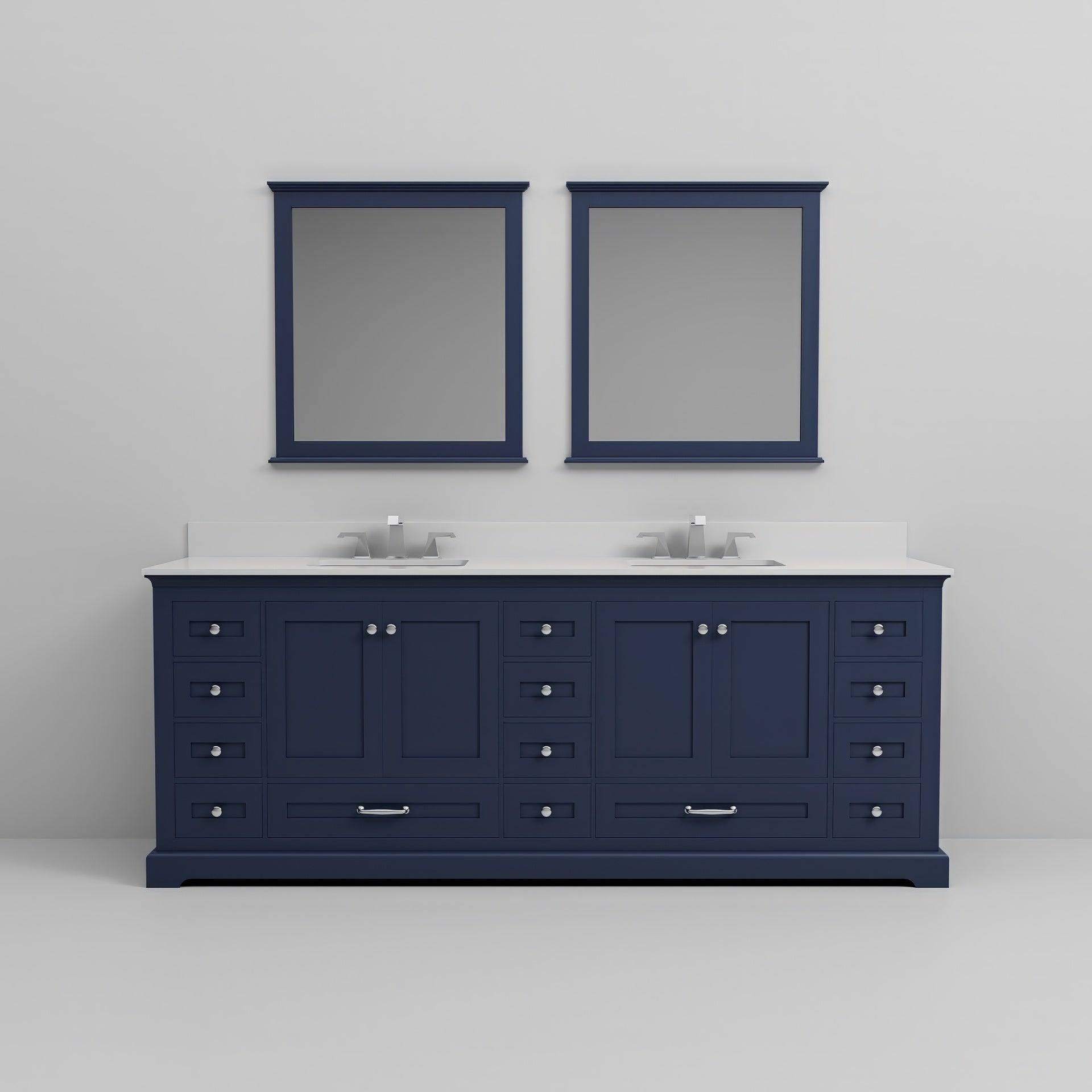 Navy Blue Double Bath Vanity 84 in. W x 22 in. D, White Quartz Top, Faucet Set, and 34 in. Mirrors