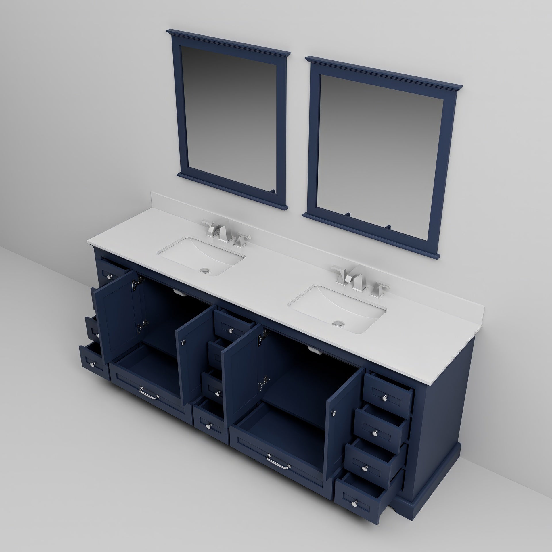 Navy Blue Double Bath Vanity 84 in. W x 22 in. D, White Quartz Top, Faucet Set, and 34 in. Mirrors
