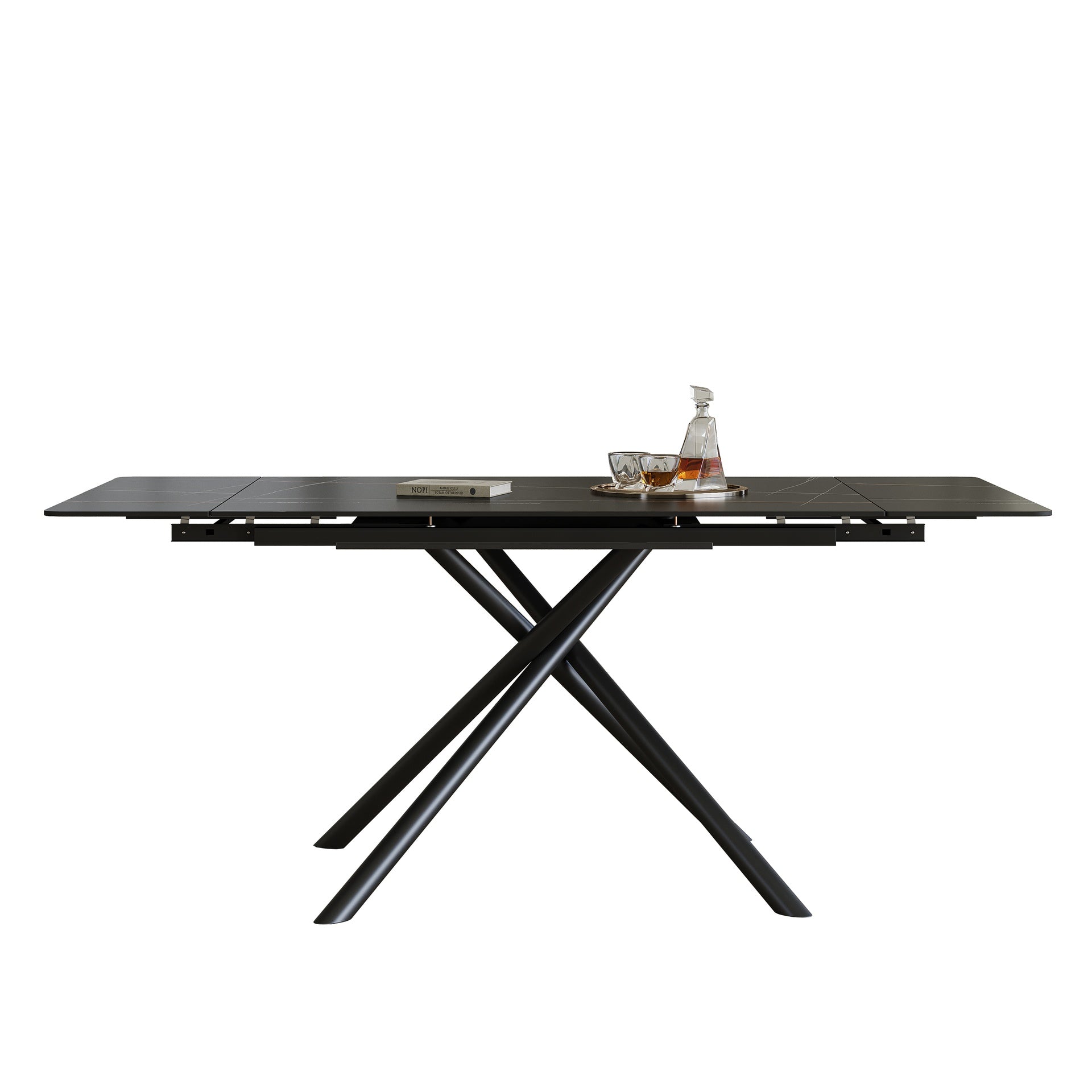 Retractable Sintered Stone Dining Table, Modern Rectangular Design, with Black Carbon Steel Legs at the Bottom, 71 Inches Suitable for 6-8 Seats (Black)