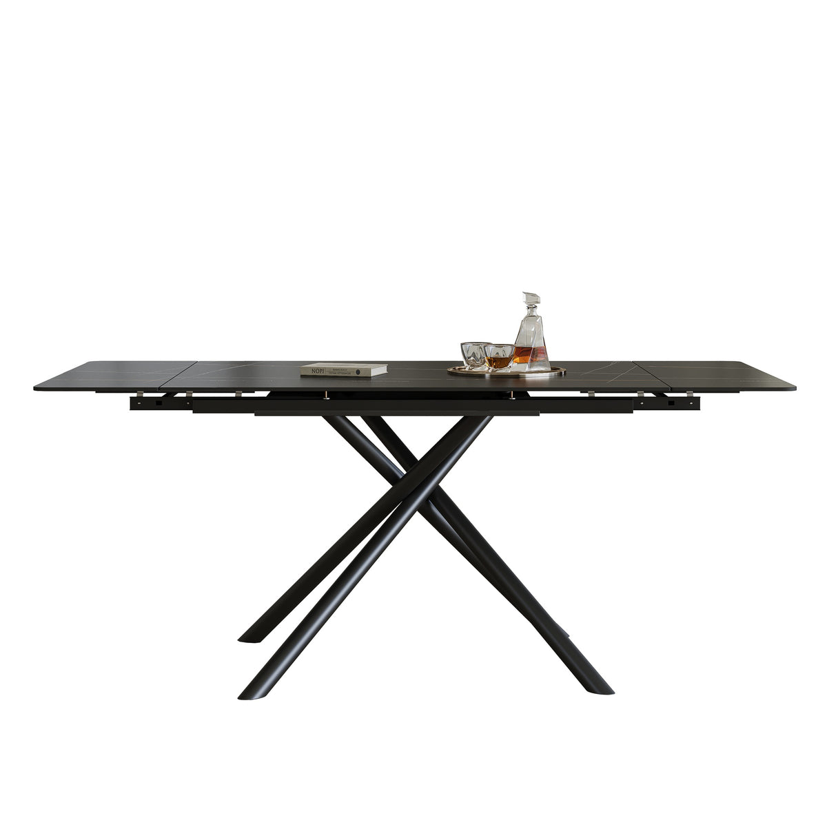 Retractable Sintered Stone Dining Table, Modern Rectangular Design, with Black Carbon Steel Legs at the Bottom, 71 Inches Suitable for 6-8 Seats (Black)