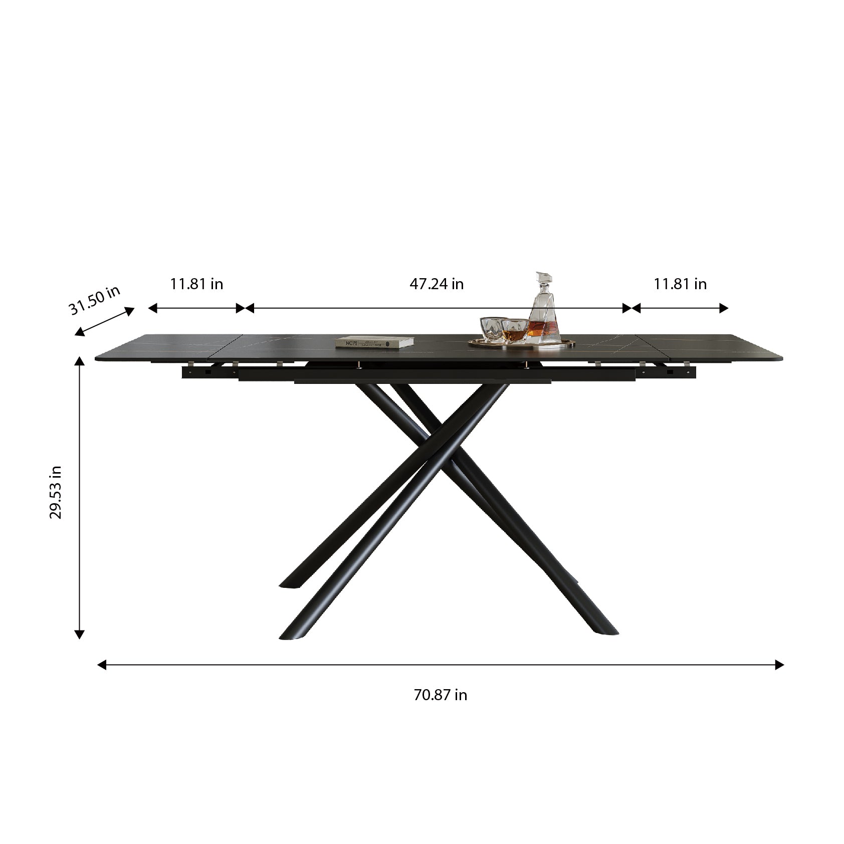 Retractable Sintered Stone Dining Table, Modern Rectangular Design, with Black Carbon Steel Legs at the Bottom, 71 Inches Suitable for 6-8 Seats (Black)