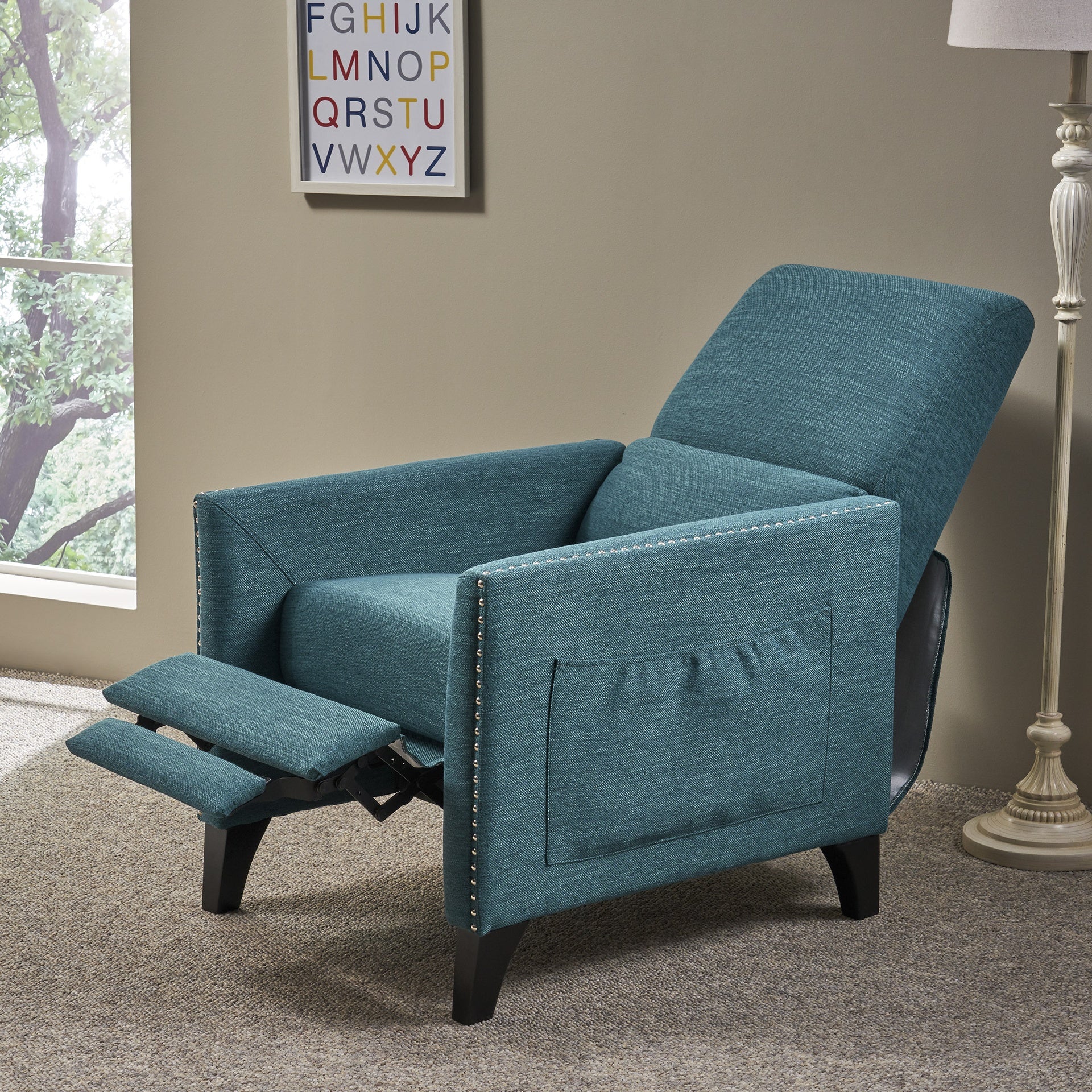 Pushback Recliner Chair with side pocket, Fabric Armchair Push Back Recliner with Rivet Decoration, Mid Century Accent Chair for Living Room, Bedroom
