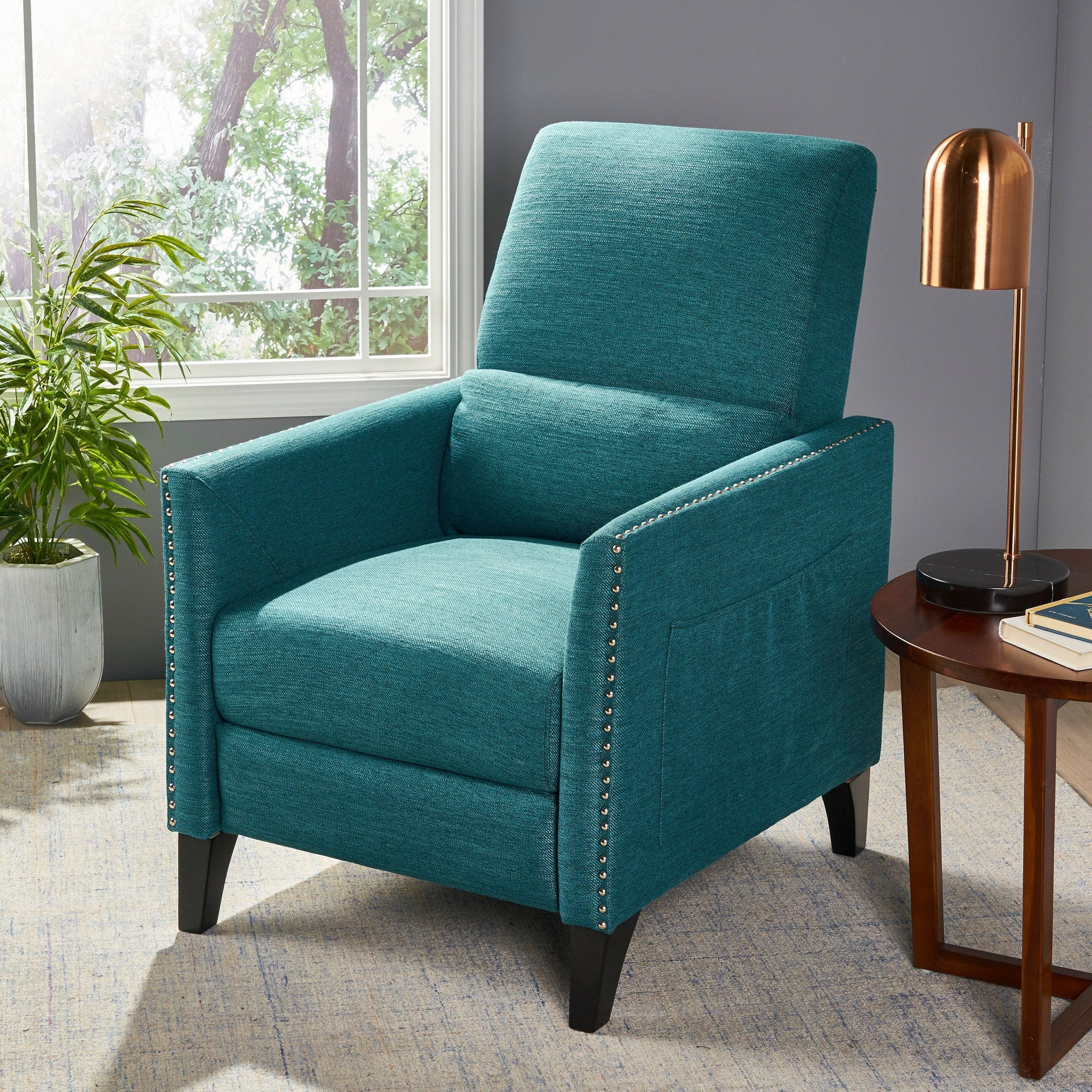 Pushback Recliner Chair with side pocket, Fabric Armchair Push Back Recliner with Rivet Decoration, Mid Century Accent Chair for Living Room, Bedroom