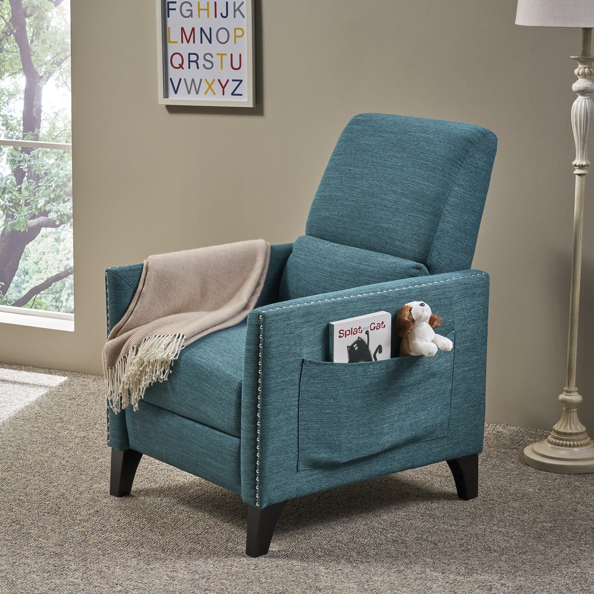 Pushback Recliner Chair with side pocket, Fabric Armchair Push Back Recliner with Rivet Decoration, Mid Century Accent Chair for Living Room, Bedroom
