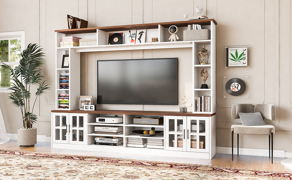 95.5" W Wall Unit Entertainment Center with Bookshelves for TVs up to 80", Modern TV Stand Media Console with Cabinets,  Tempered Glass Doors and Adjustable Shelves for Living Room