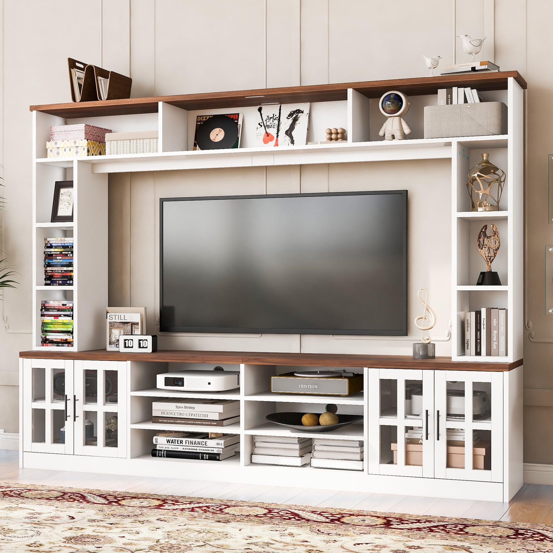 95.5" W Wall Unit Entertainment Center with Bookshelves for TVs up to 80", Modern TV Stand Media Console with Cabinets,  Tempered Glass Doors and Adjustable Shelves for Living Room