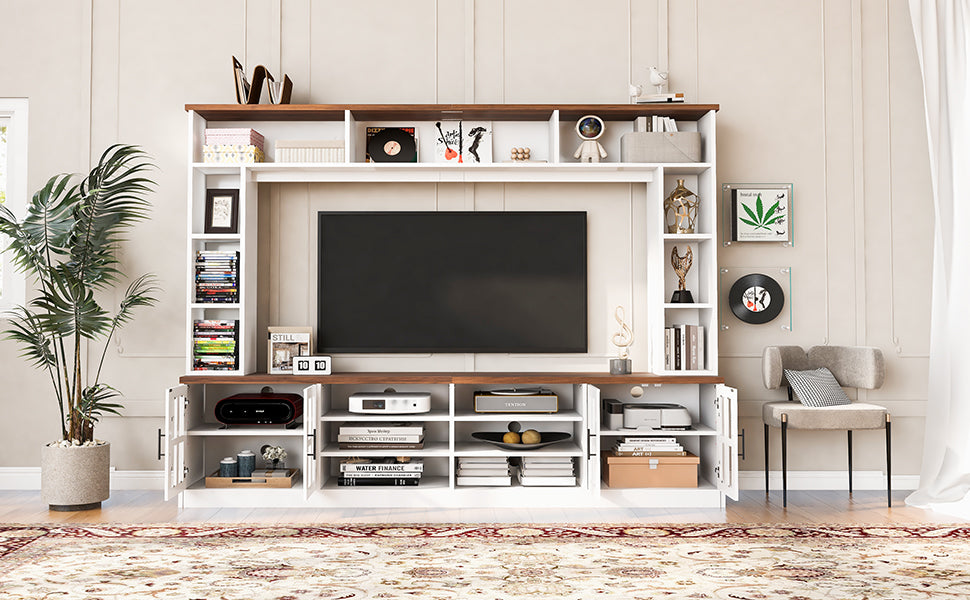 95.5" W Wall Unit Entertainment Center with Bookshelves for TVs up to 80", Modern TV Stand Media Console with Cabinets,  Tempered Glass Doors and Adjustable Shelves for Living Room