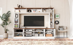 95.5" W Wall Unit Entertainment Center with Bookshelves for TVs up to 80", Modern TV Stand Media Console with Cabinets,  Tempered Glass Doors and Adjustable Shelves for Living Room