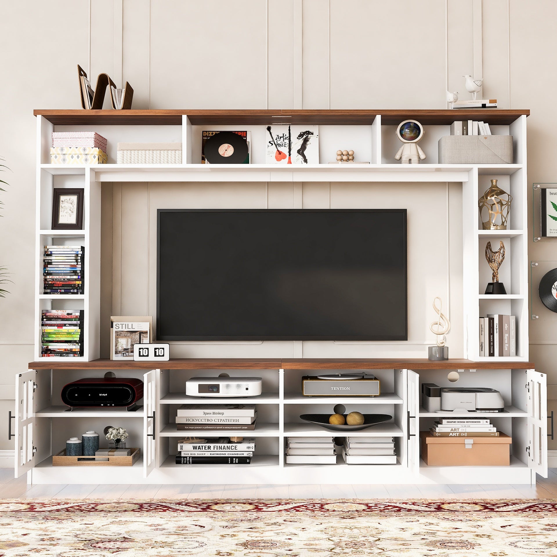 95.5" W Wall Unit Entertainment Center with Bookshelves for TVs up to 80", Modern TV Stand Media Console with Cabinets,  Tempered Glass Doors and Adjustable Shelves for Living Room